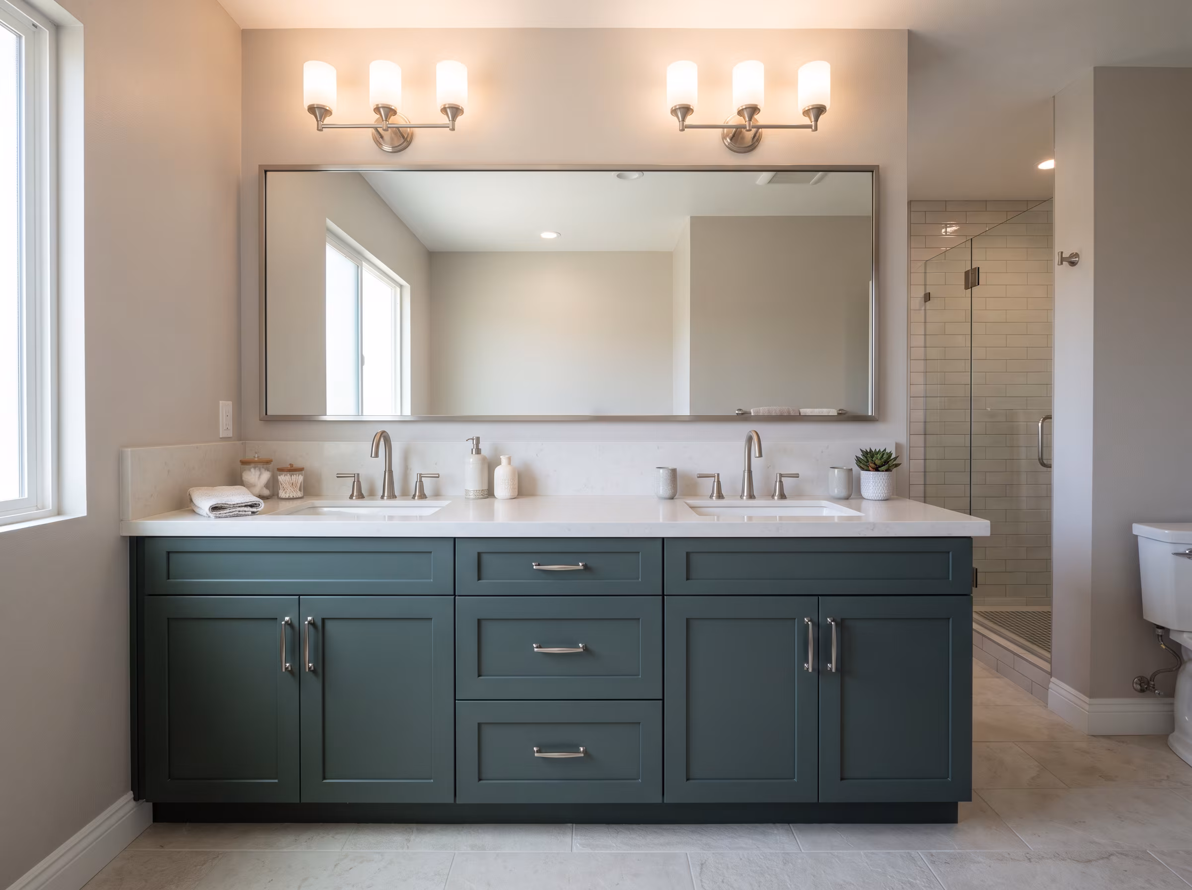 Double floating vanity with two vessel sinks and a wide mirror