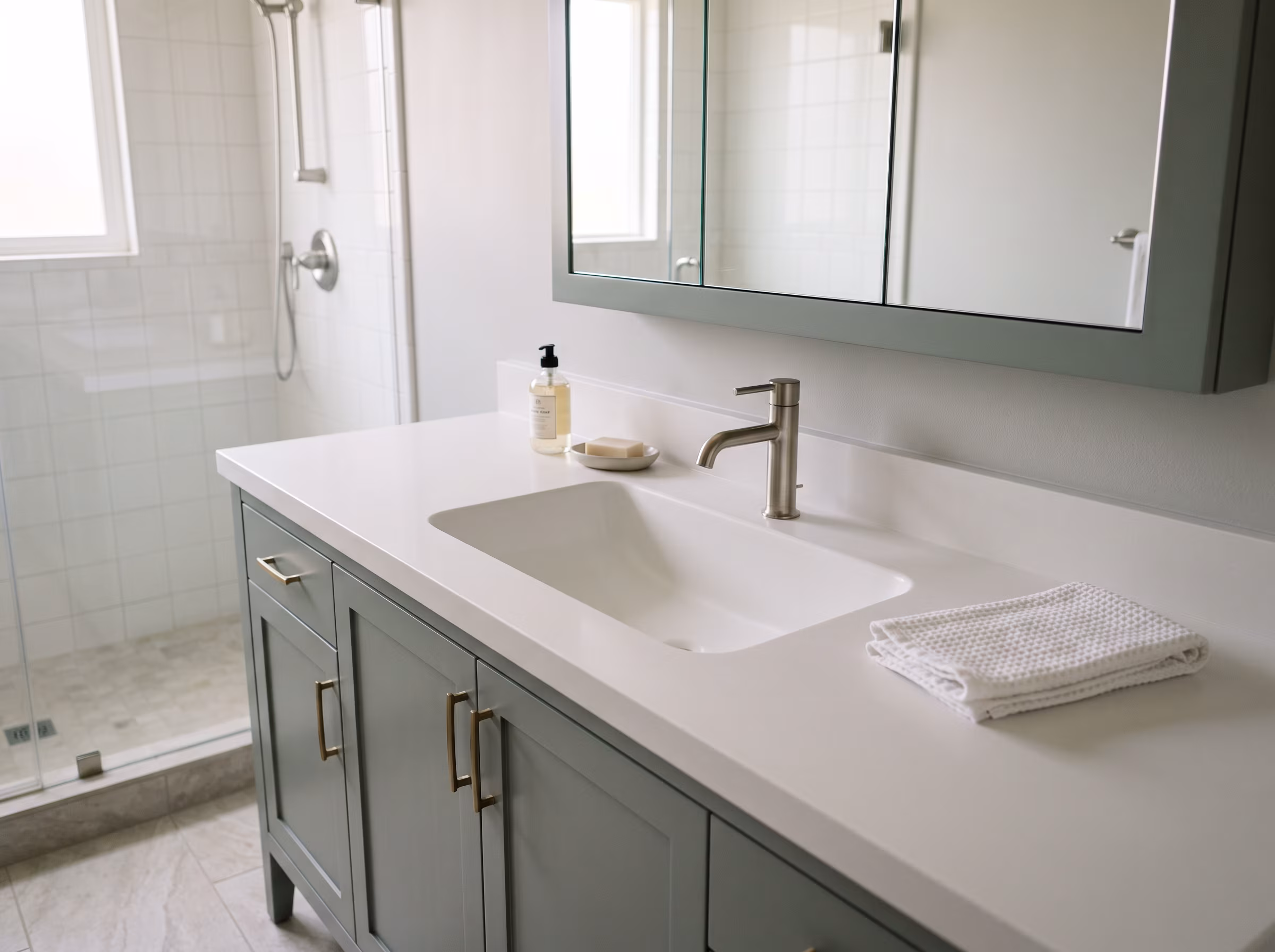 Vanity with integrated white sink and matching mirrored cabinet storage