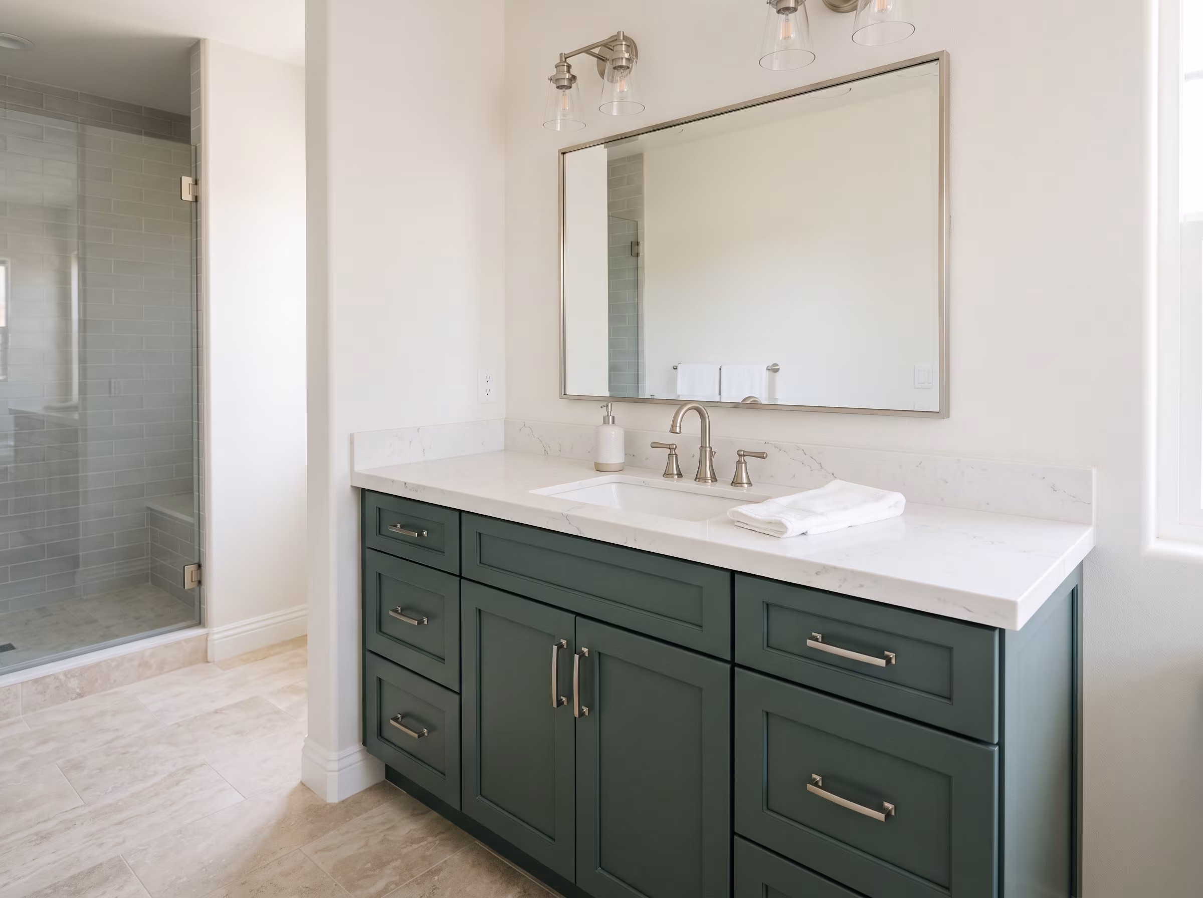 Finished spa bathroom with floating vanity after installation