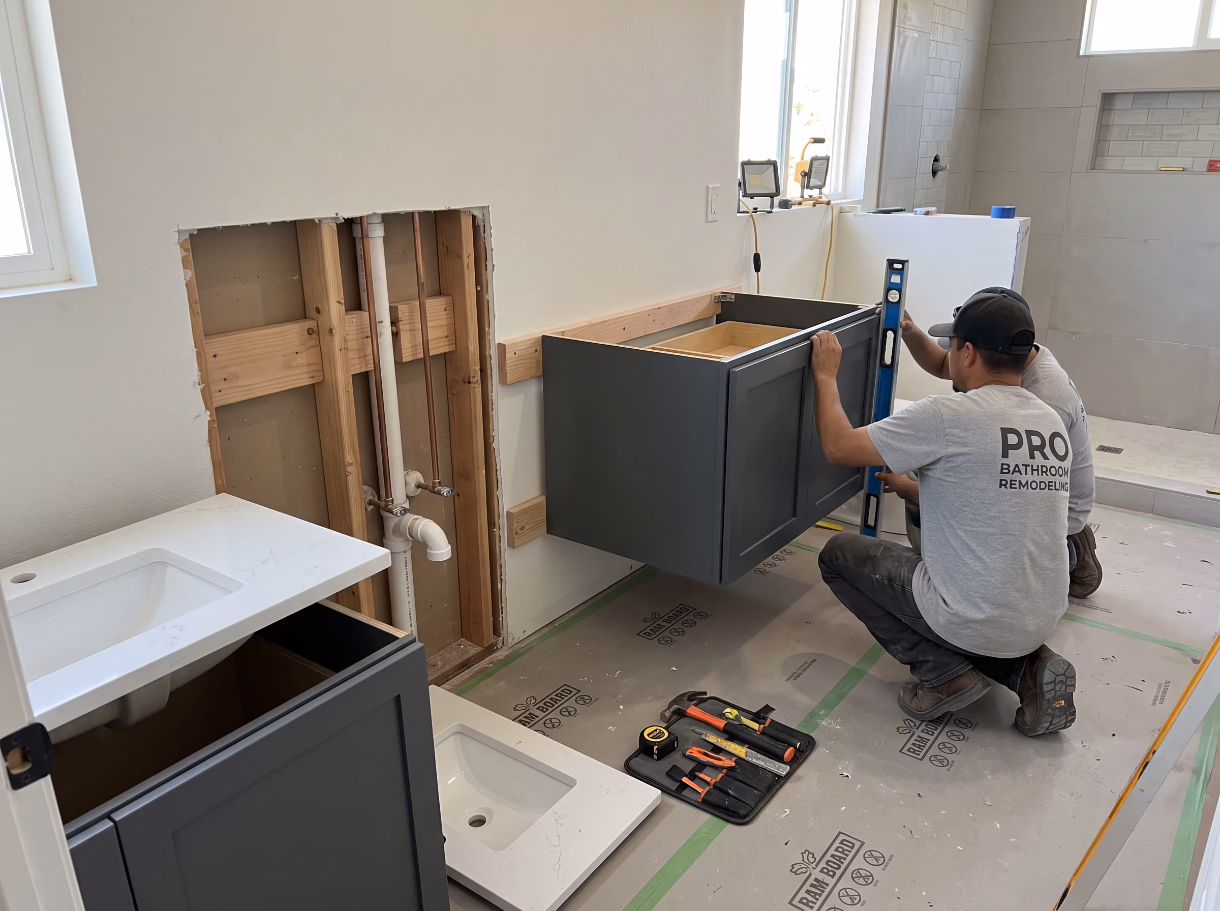 Floating vanity that requires wall blocking and plumbing adjustment