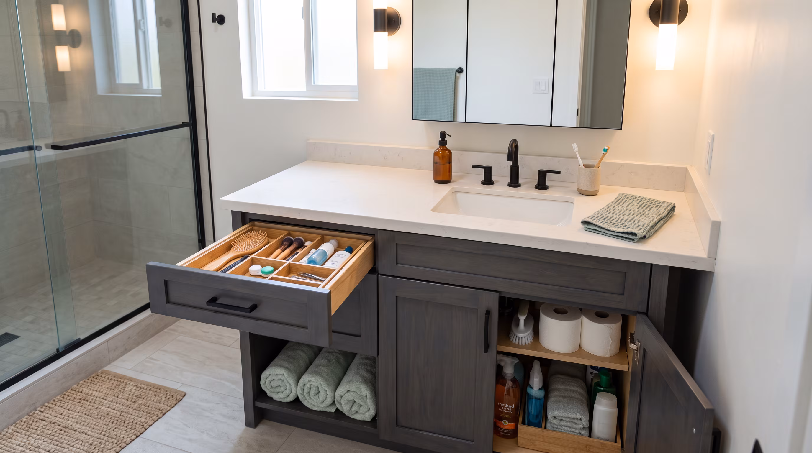 Double vanity with open clearance in front and at the sides