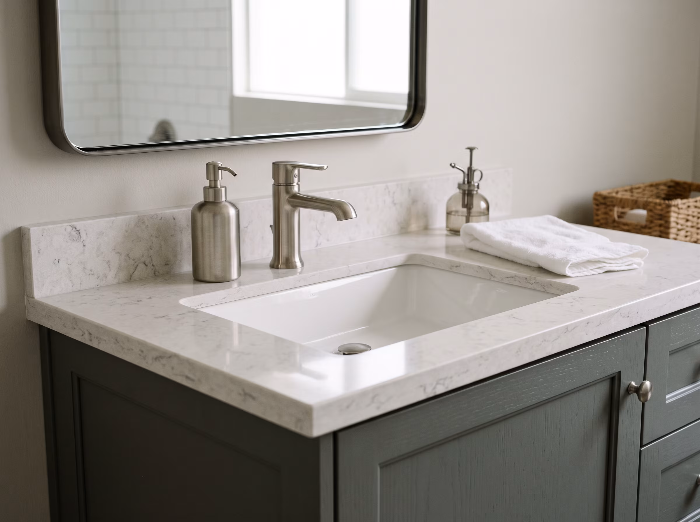 Undermount sink set below a white vanity countertop with a clean edge