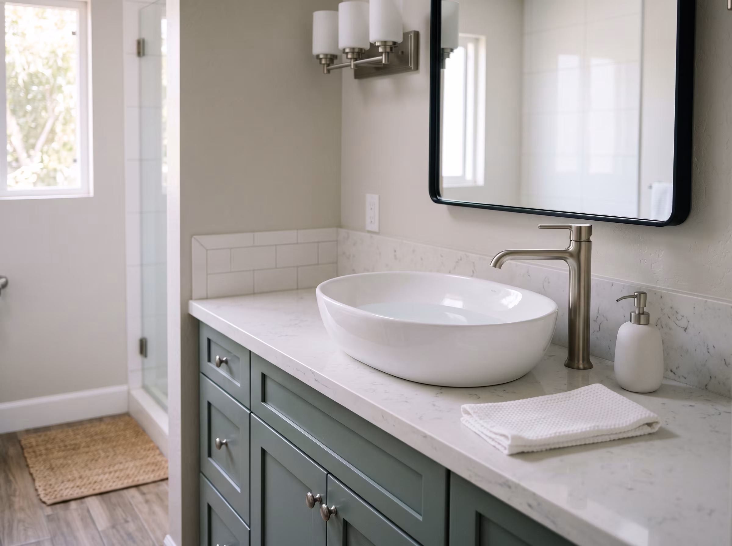 White vessel sinks with chrome faucets on a bathroom vanity countertop