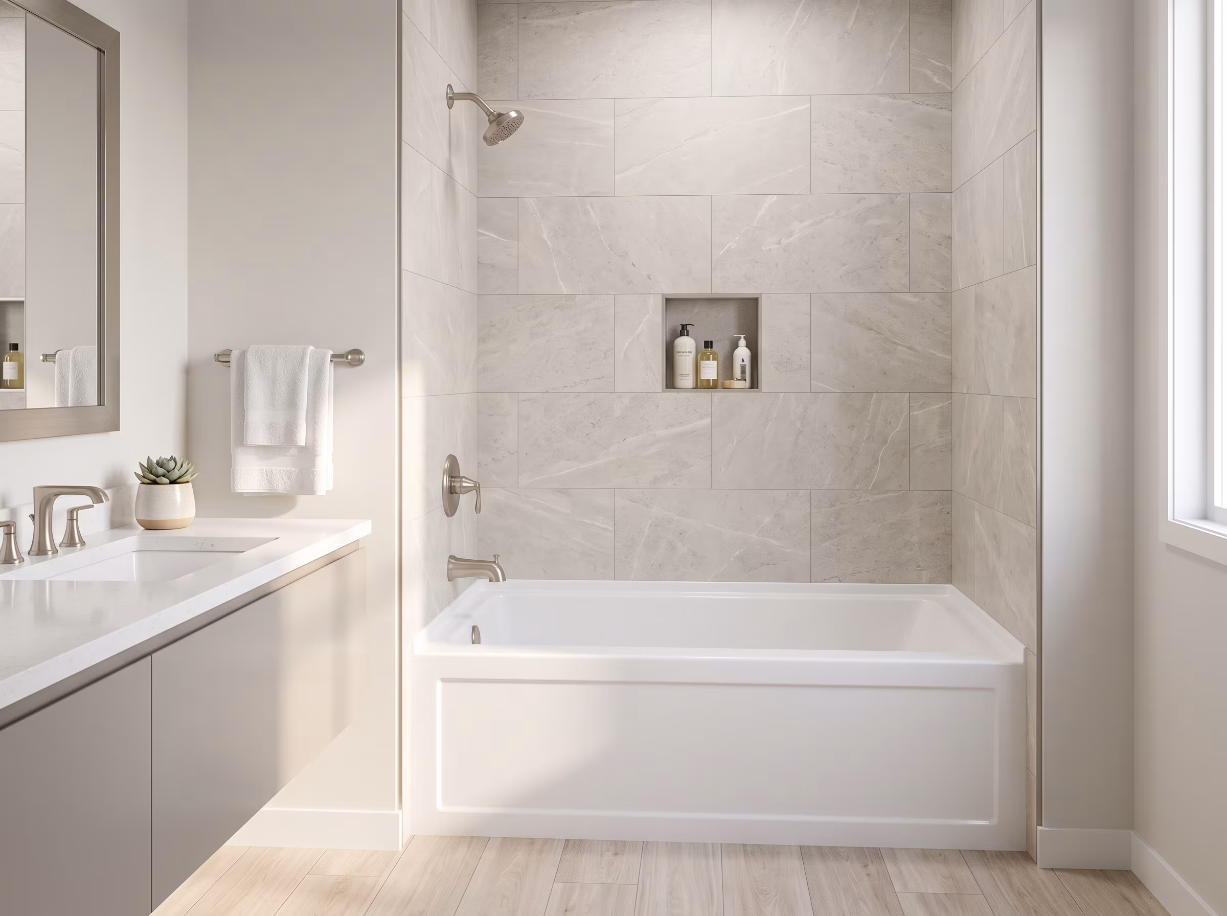 Freestanding bathtub in a marble-finished bathroom