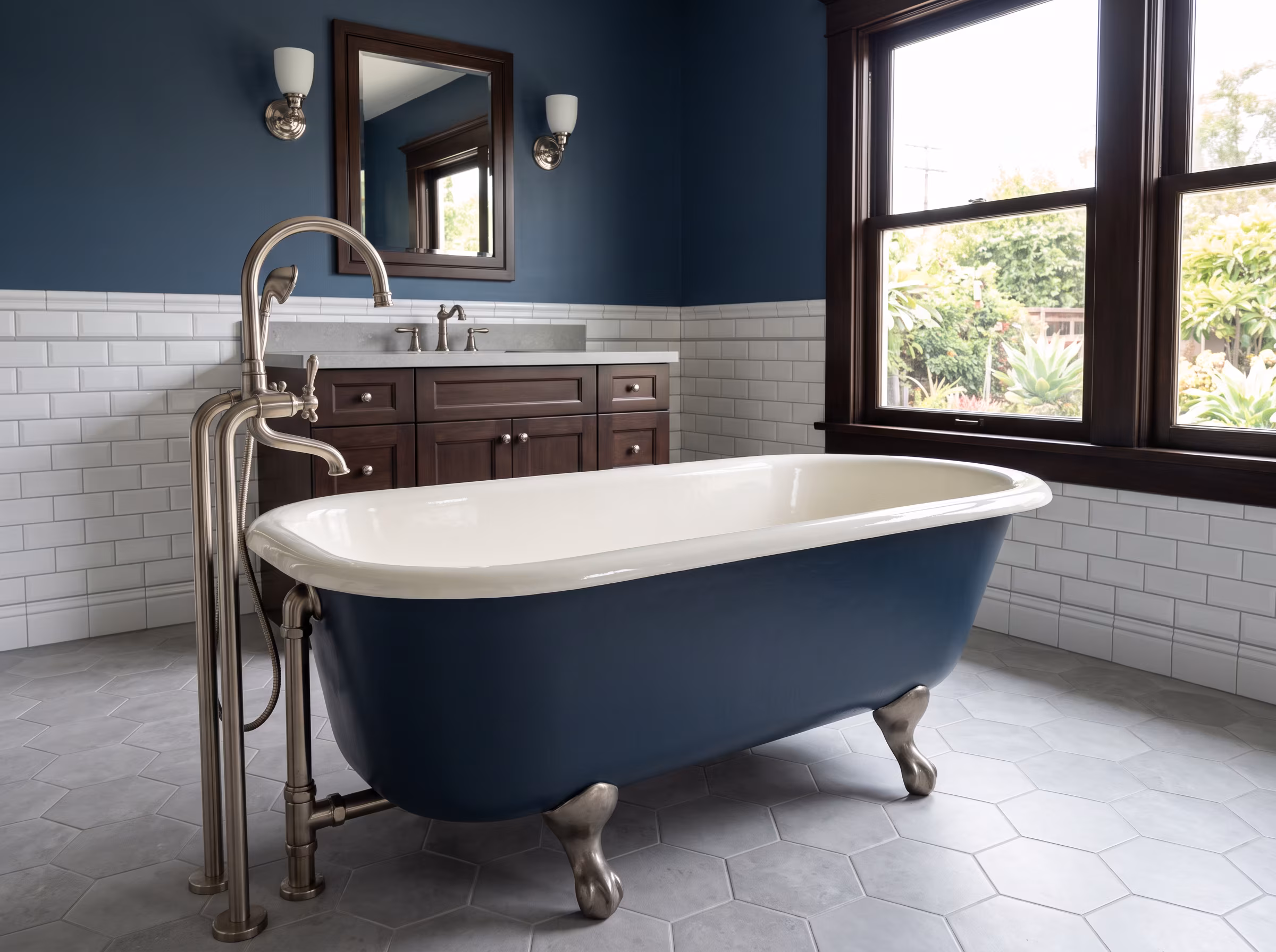 Walk-in tub with a door, built-in seat and tiled surround