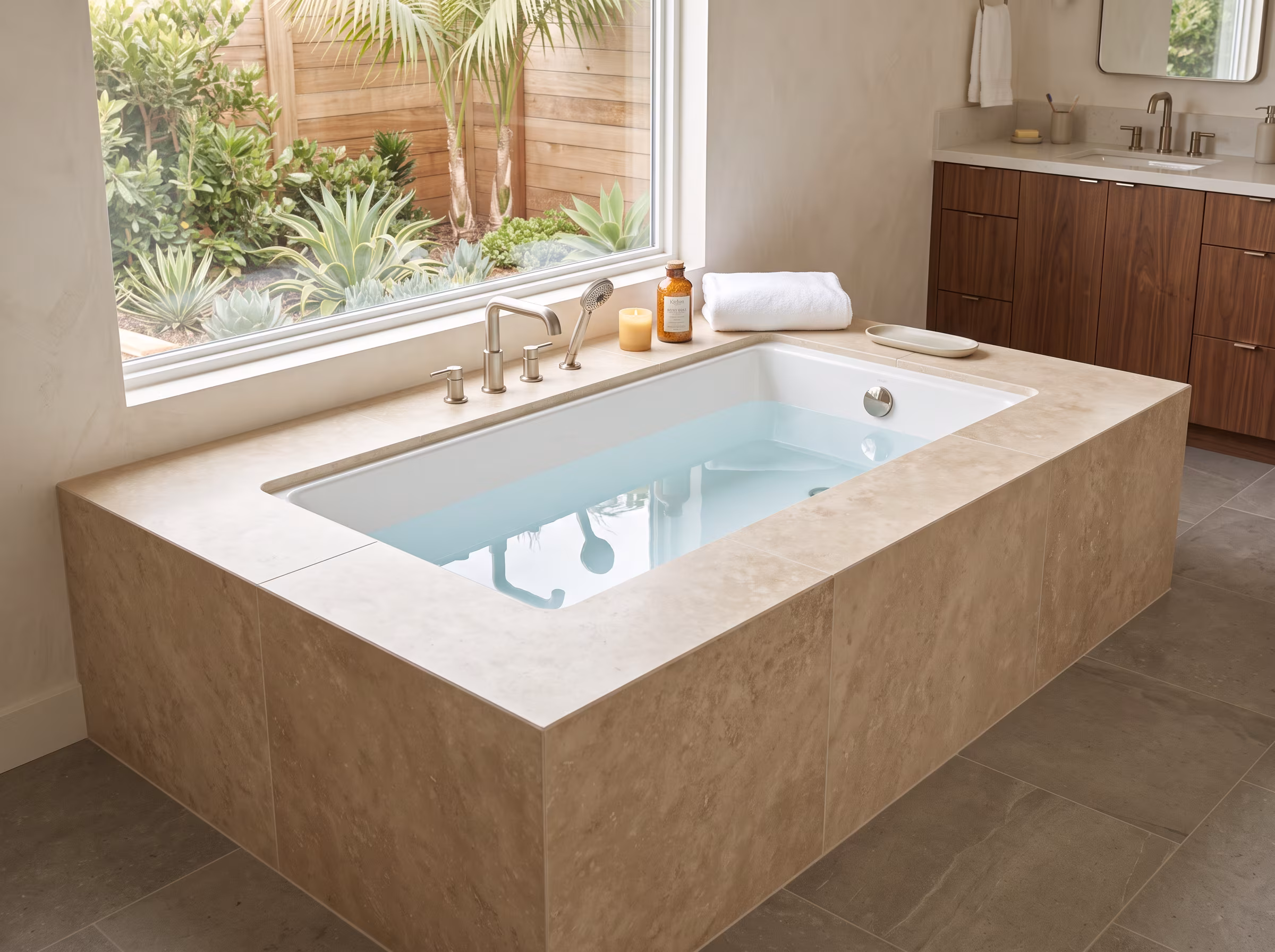 White acrylic bathtub in a residential bathroom
