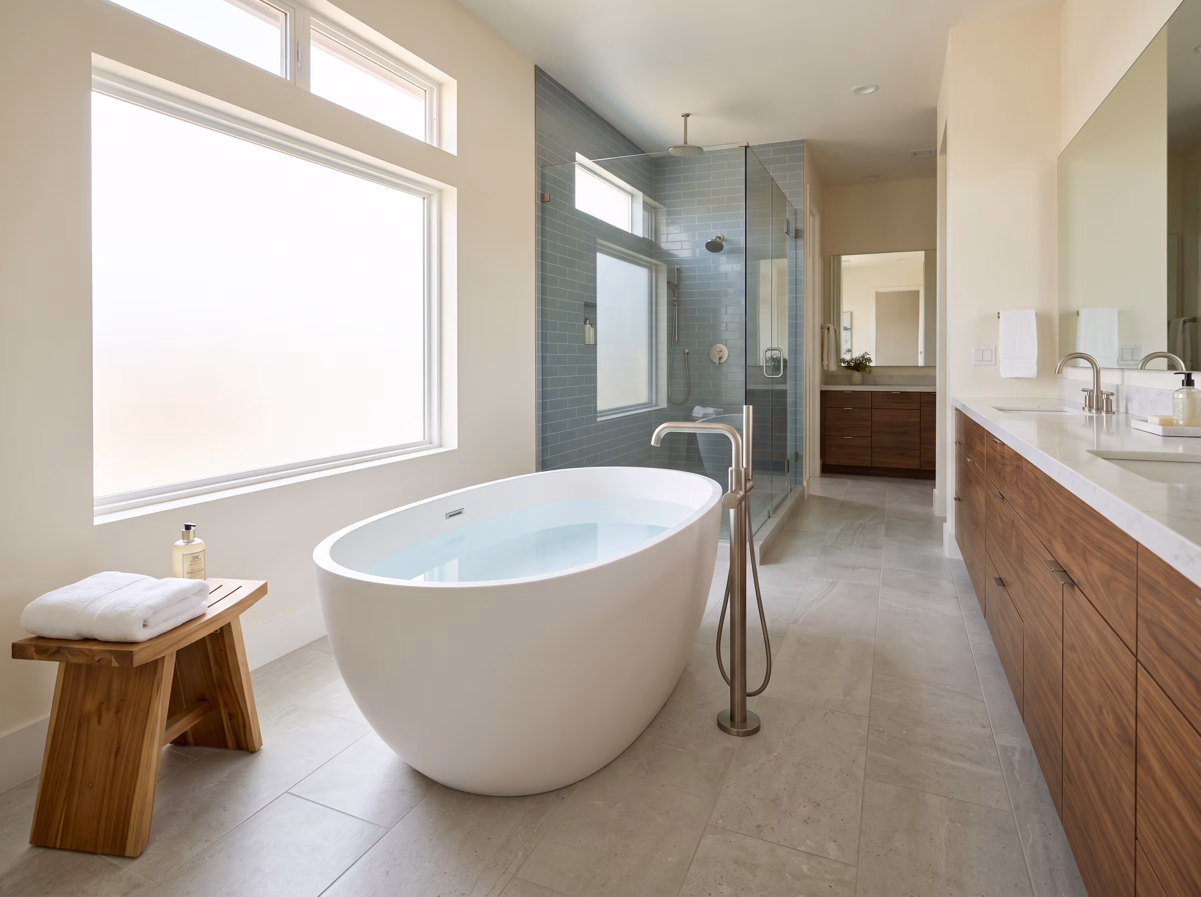 Deep soaking bathtub in a spacious bathroom