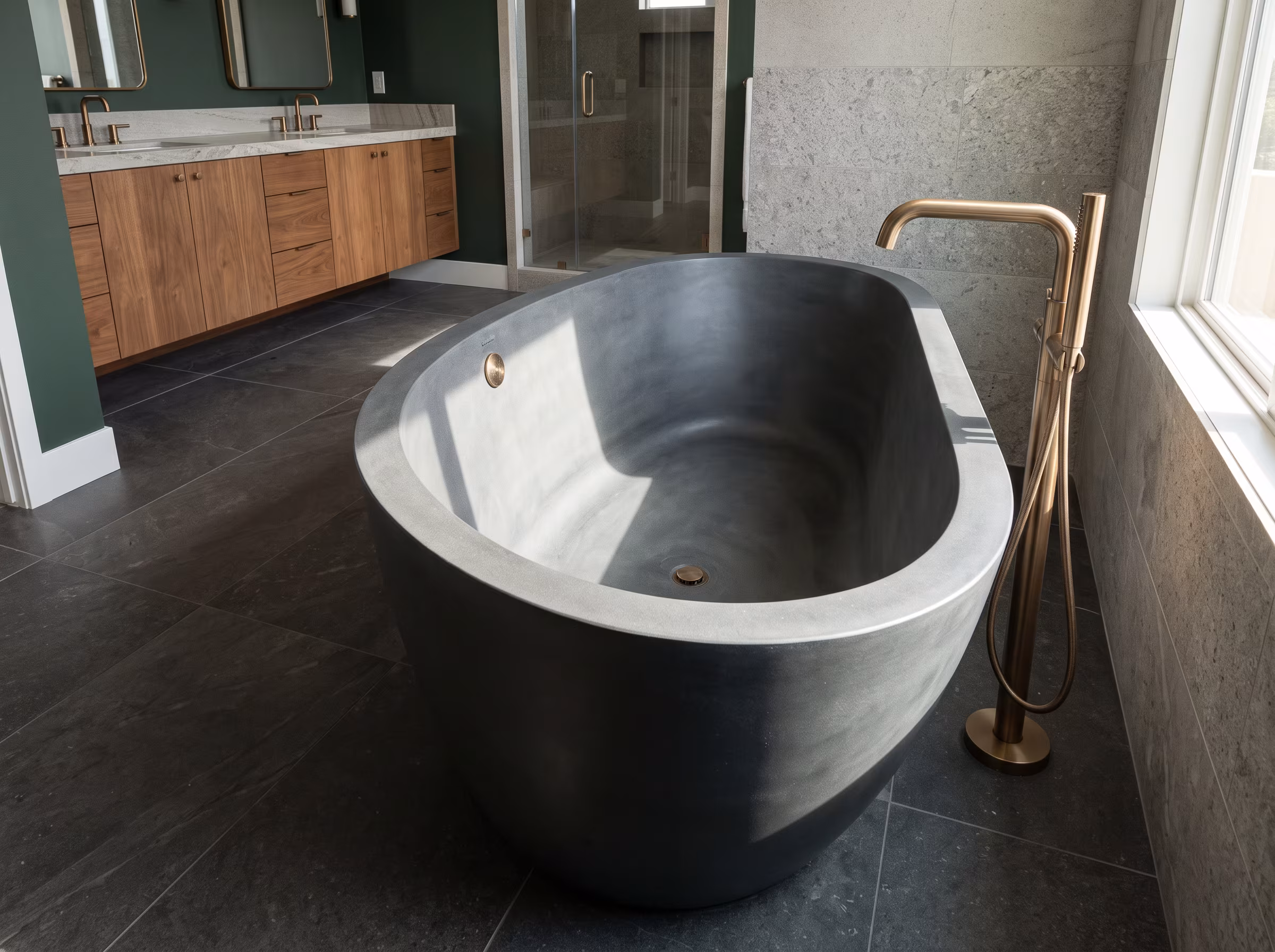 Drop-in bathtub set into a surrounding bathroom deck