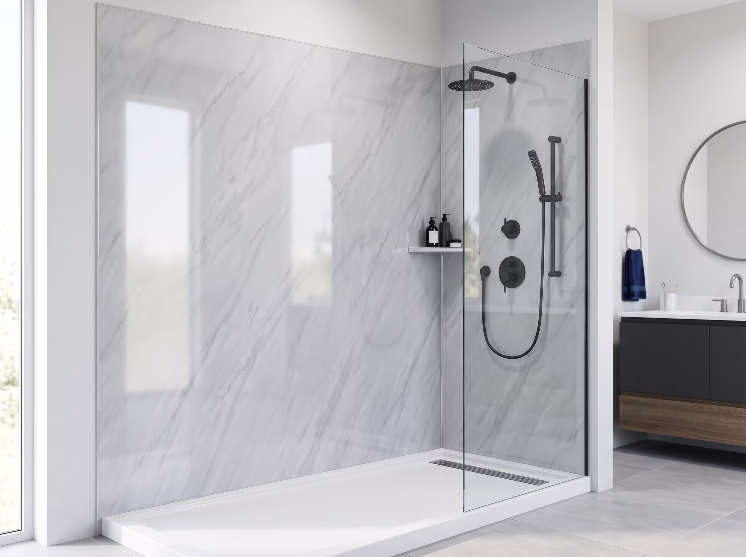 Shower with a grout-free acrylic pan and a faster panel-style install