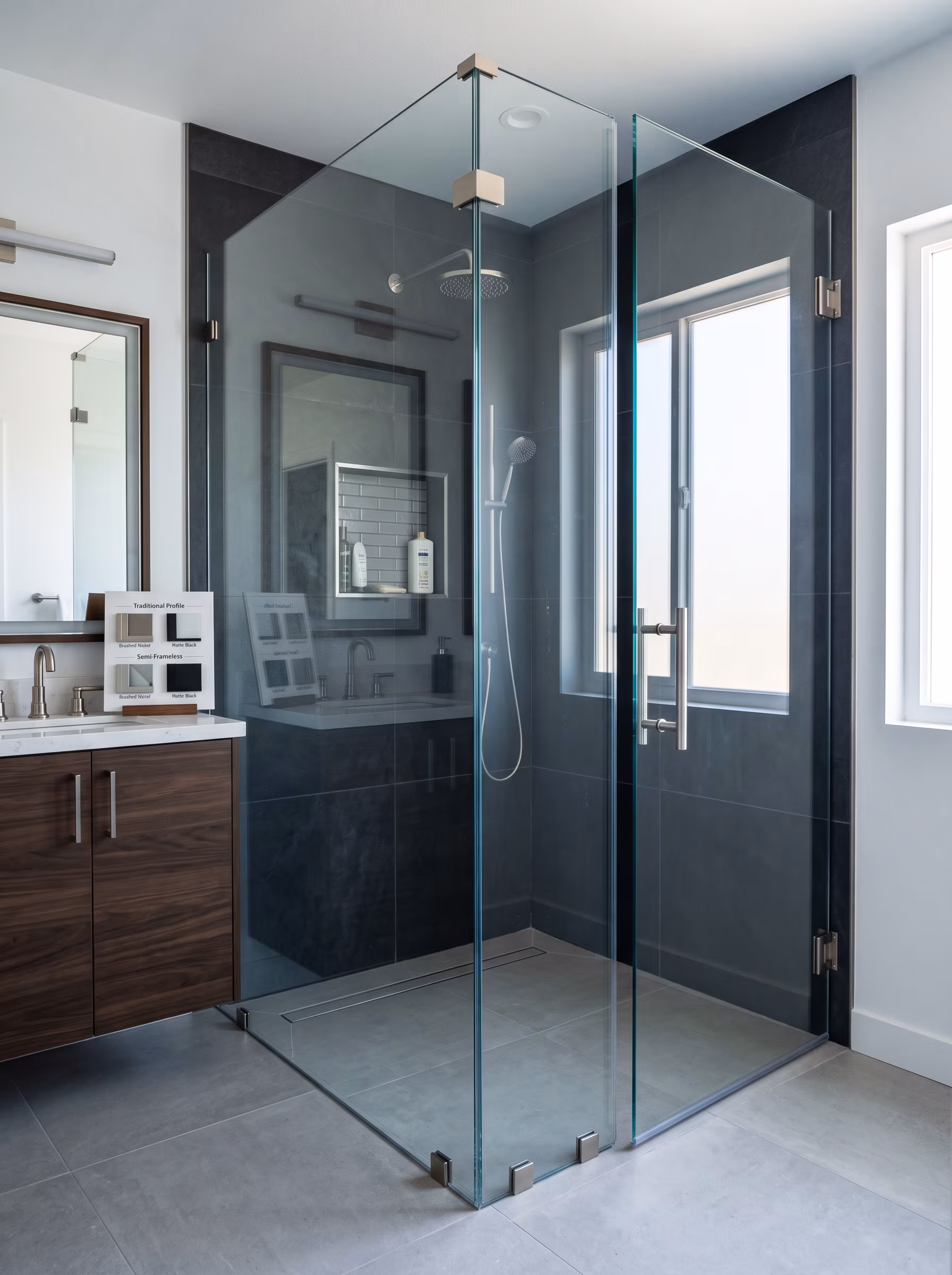 Tempered glass shower enclosure with minimal hardware