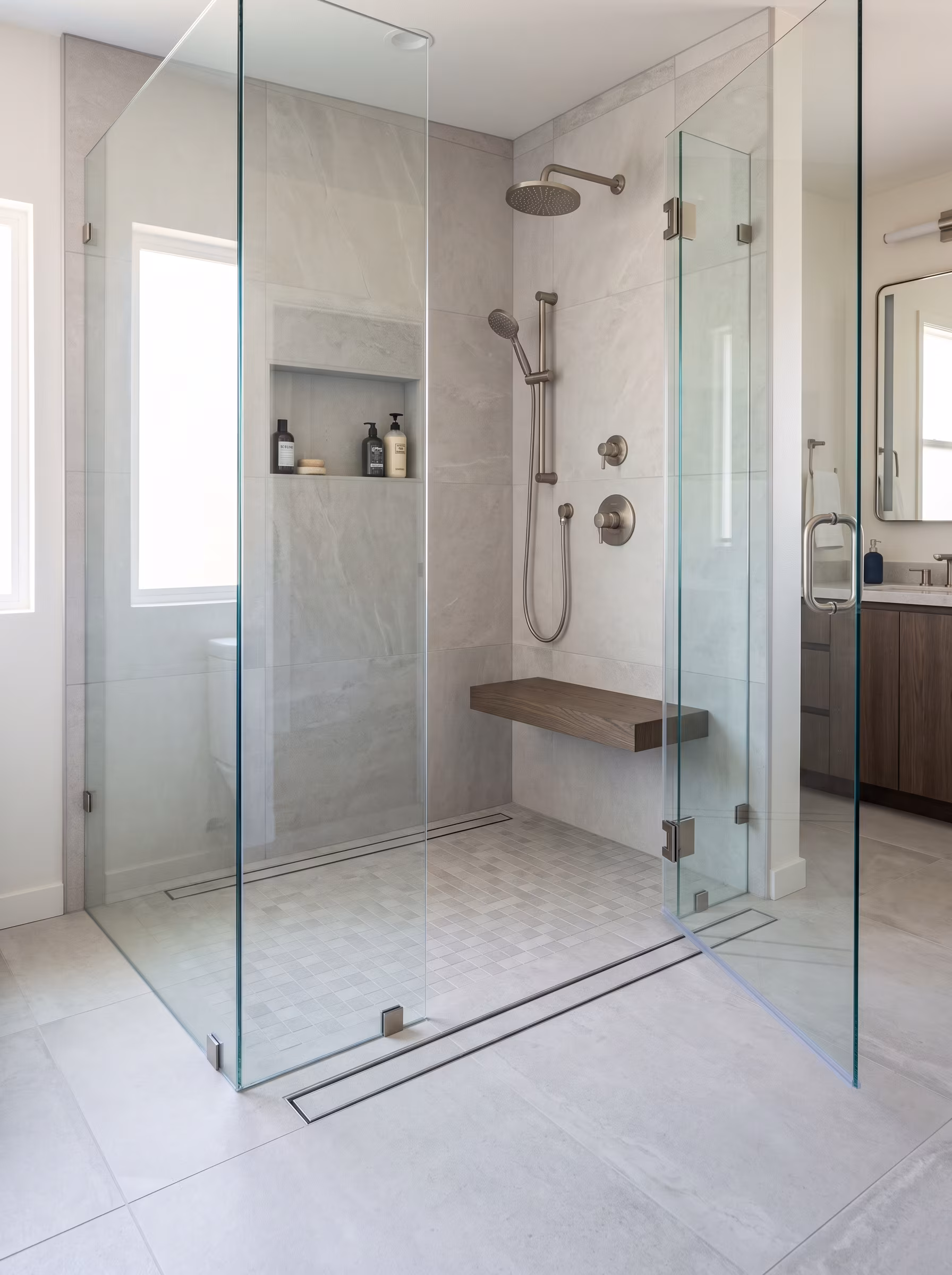 Walk-in shower with a low-profile acrylic pan and easy-entry opening