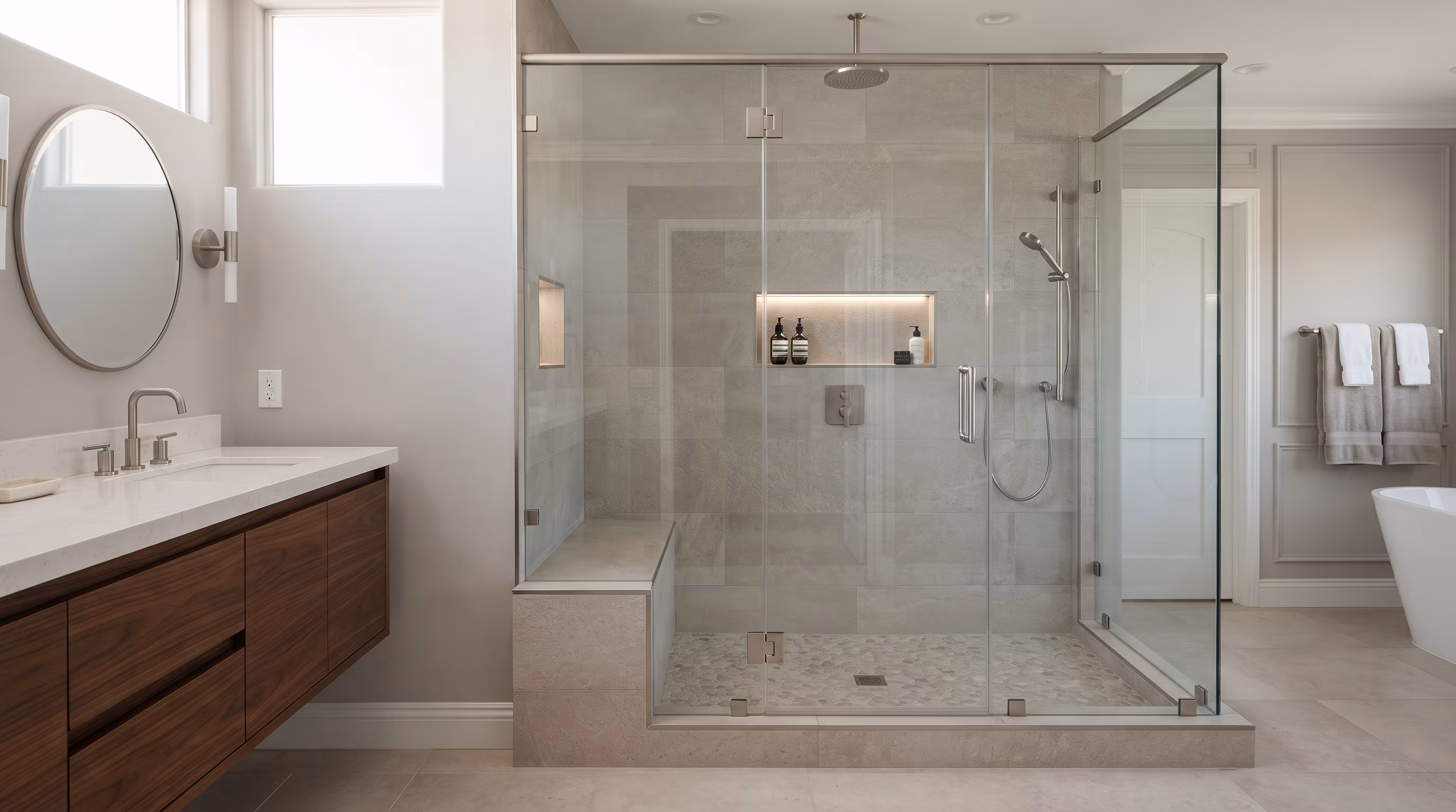 Frameless glass walk-in shower with tiled walls
