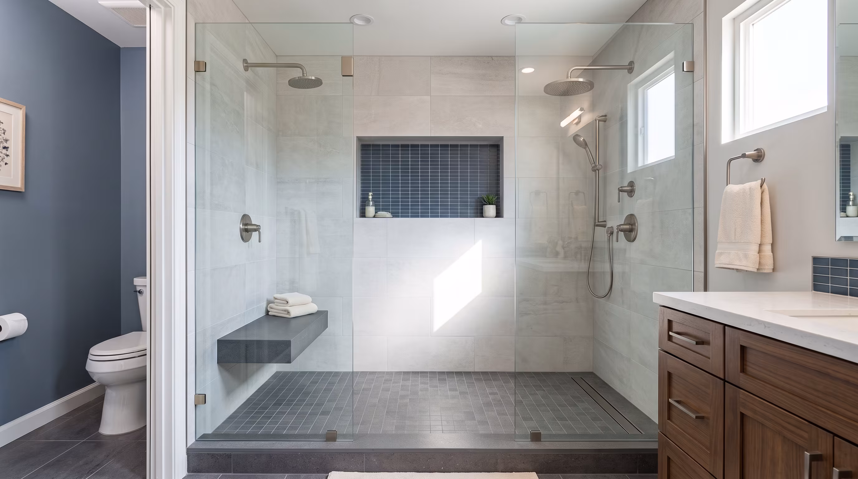 Walk-in shower in a footprint that previously held a bathtub