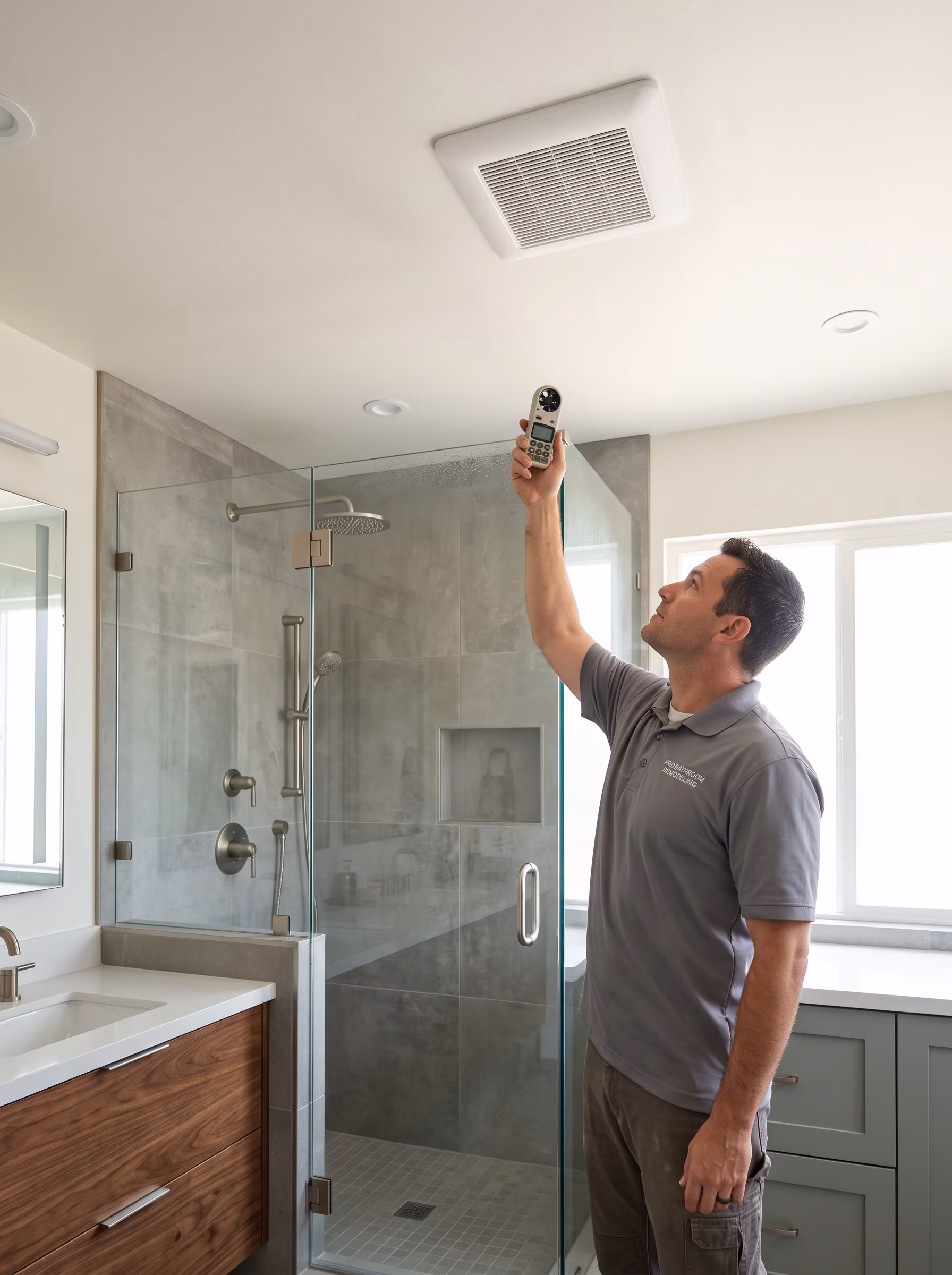 Walk-in shower with a tiled bench and recessed niche