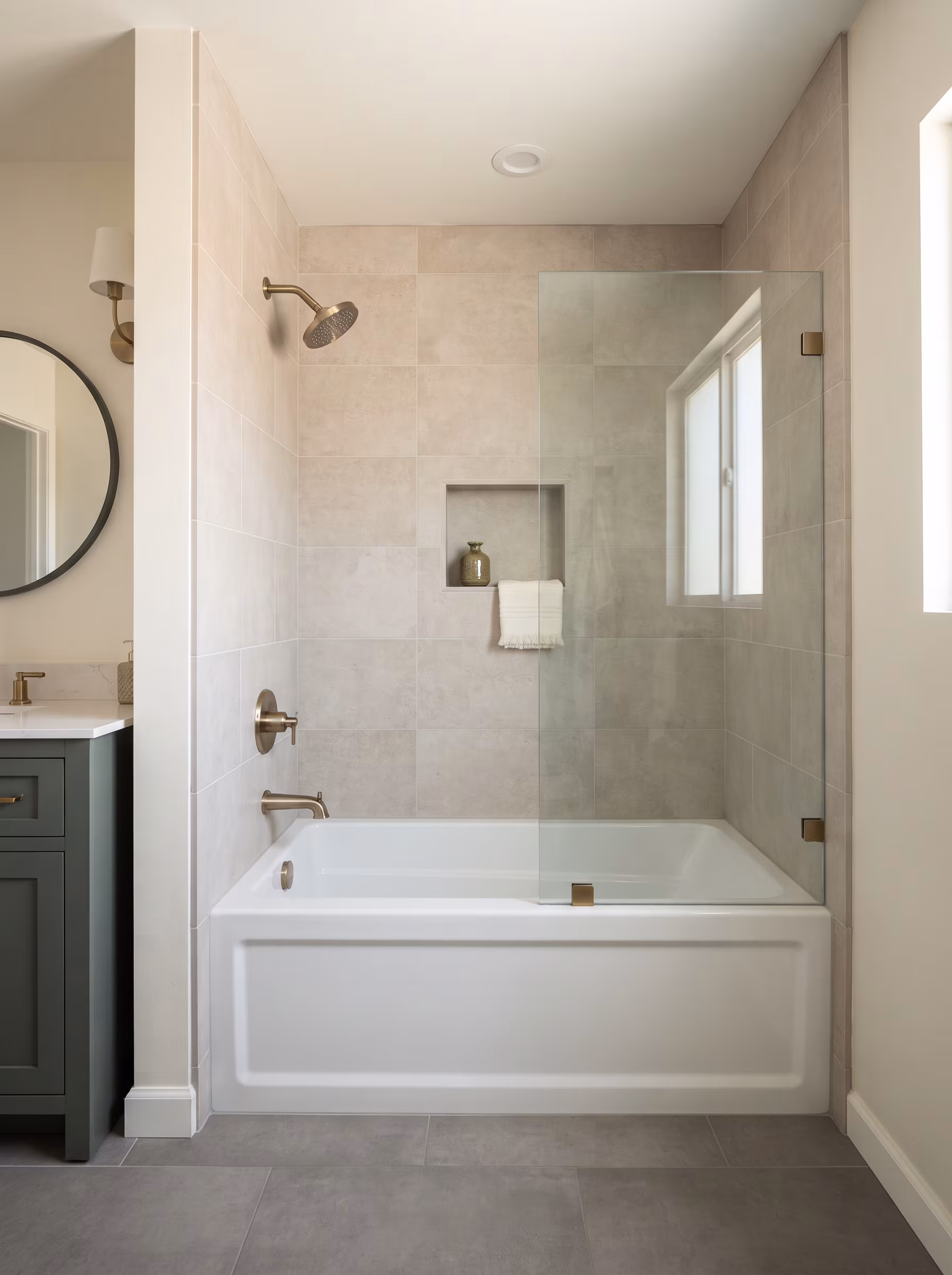 Tub spout and shower valve combination in an alcove