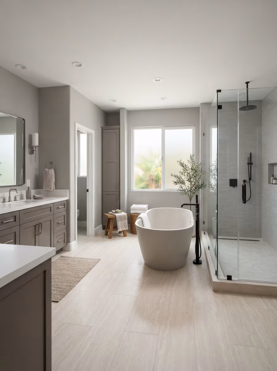 Tiled tub surround and waterproofed wall surfaces