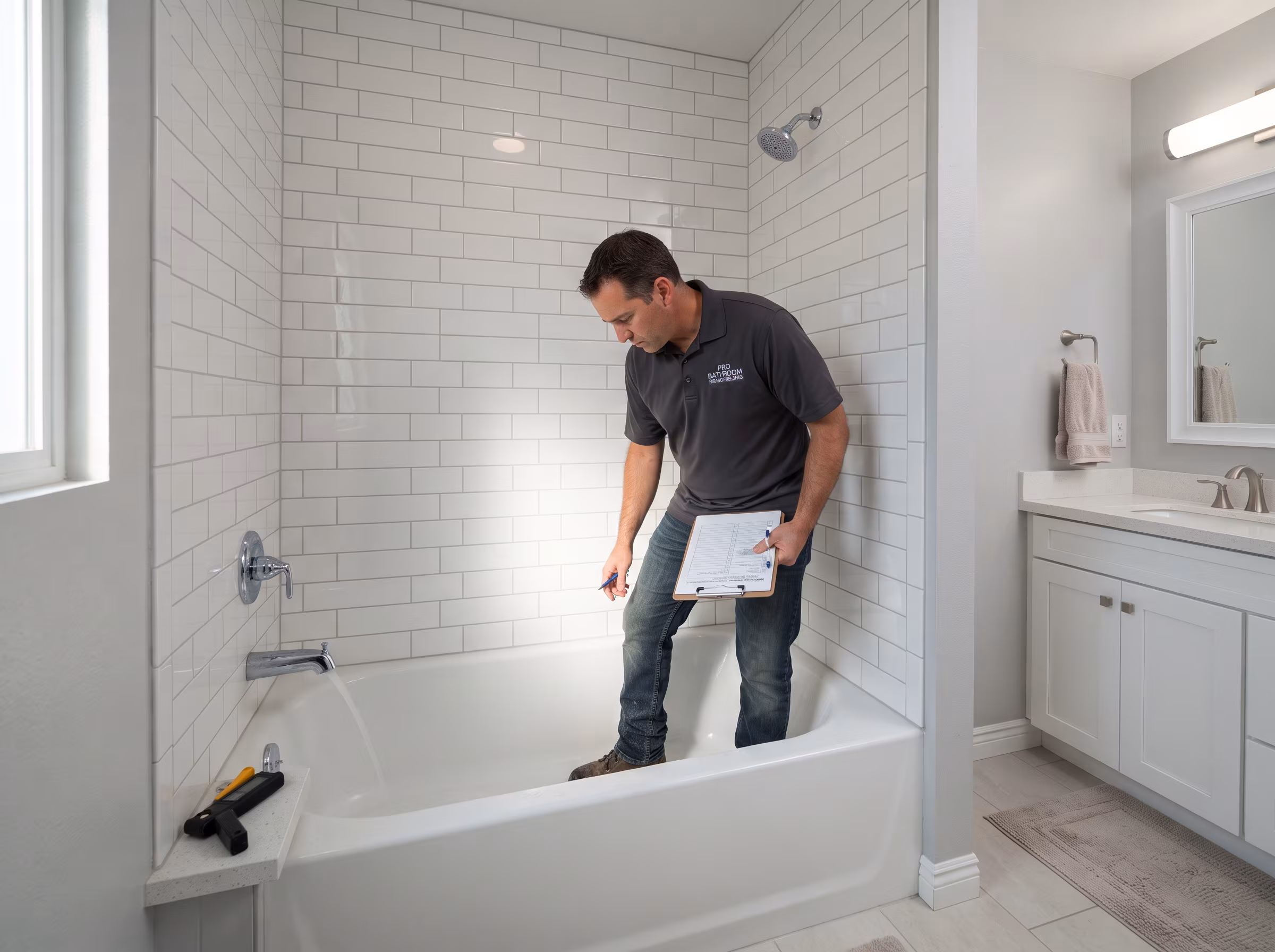 Finished spa-style bathroom with a restored soaking tub