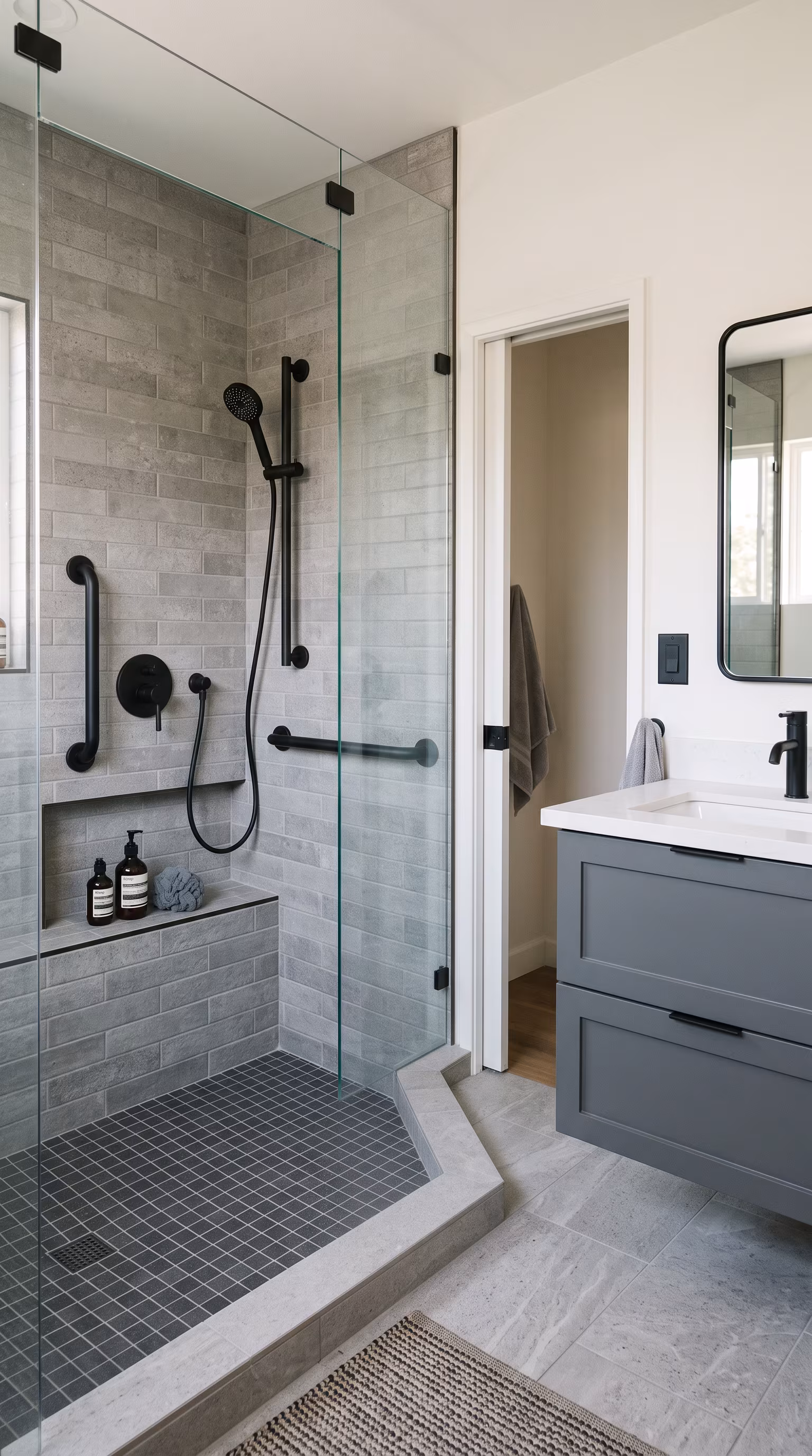 Tiled bathroom wall and floor showing grout lines and visual continuity