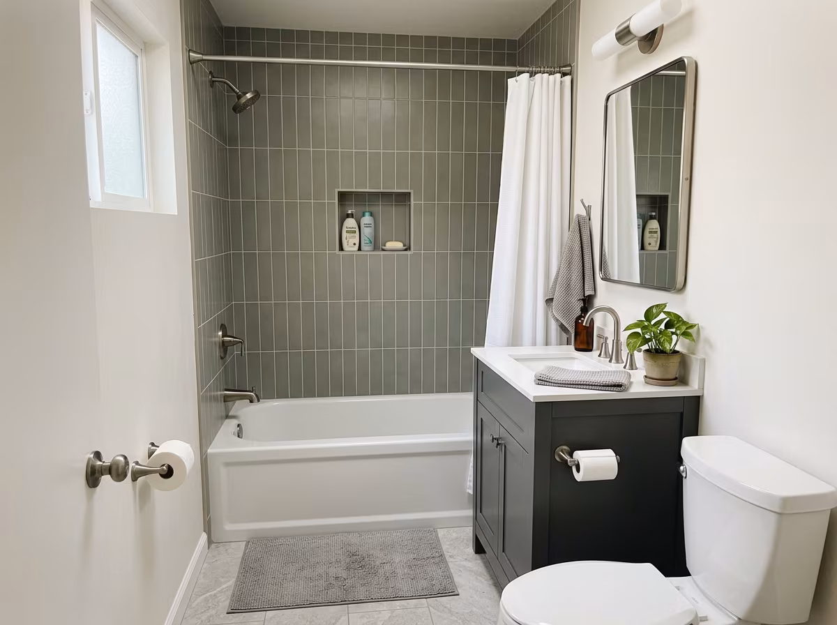 tub-to-shower space plan showing curbless shower entry with continuous floor tile