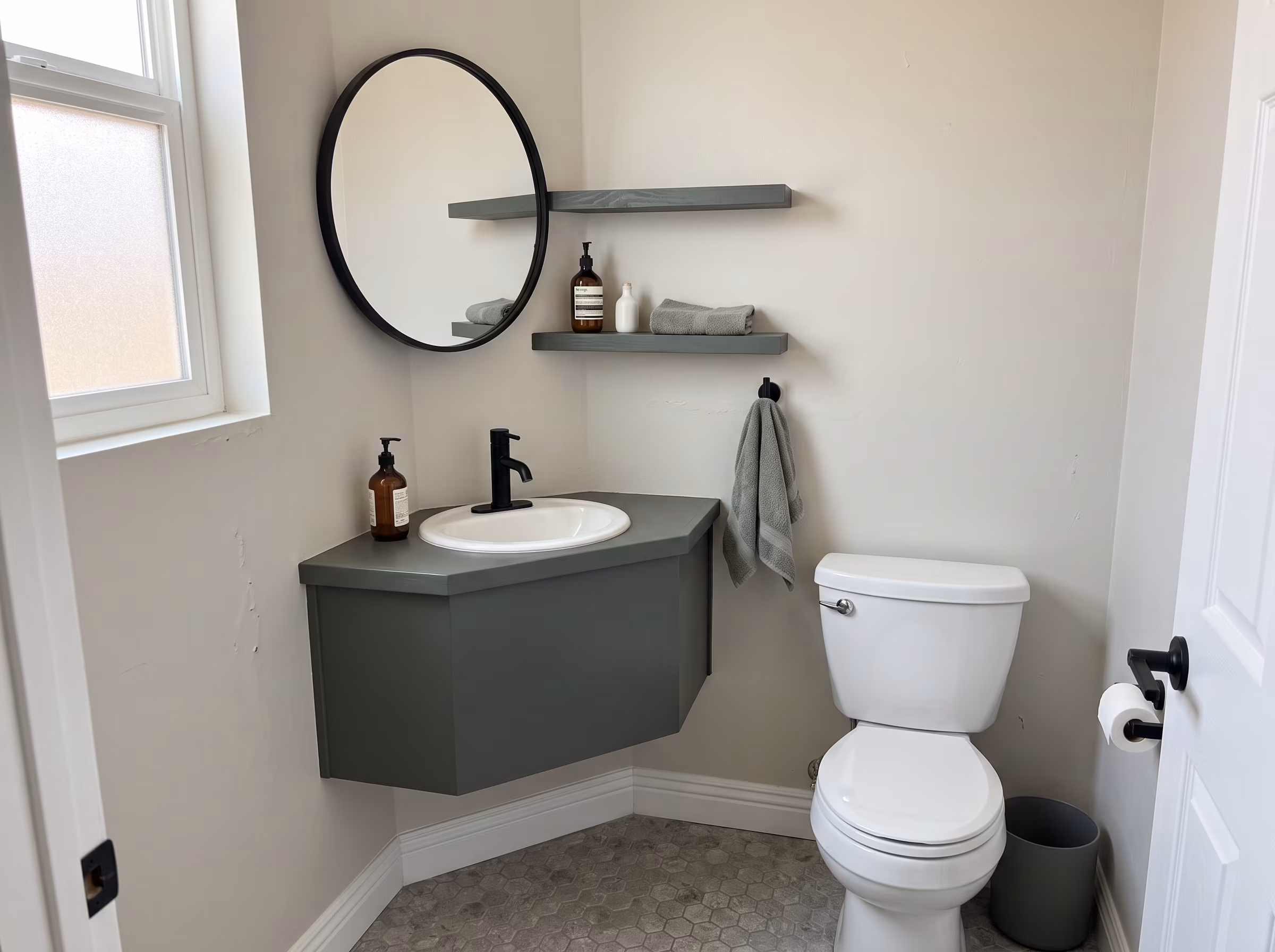 Vertical cabinet and organized storage in a compact bathroom