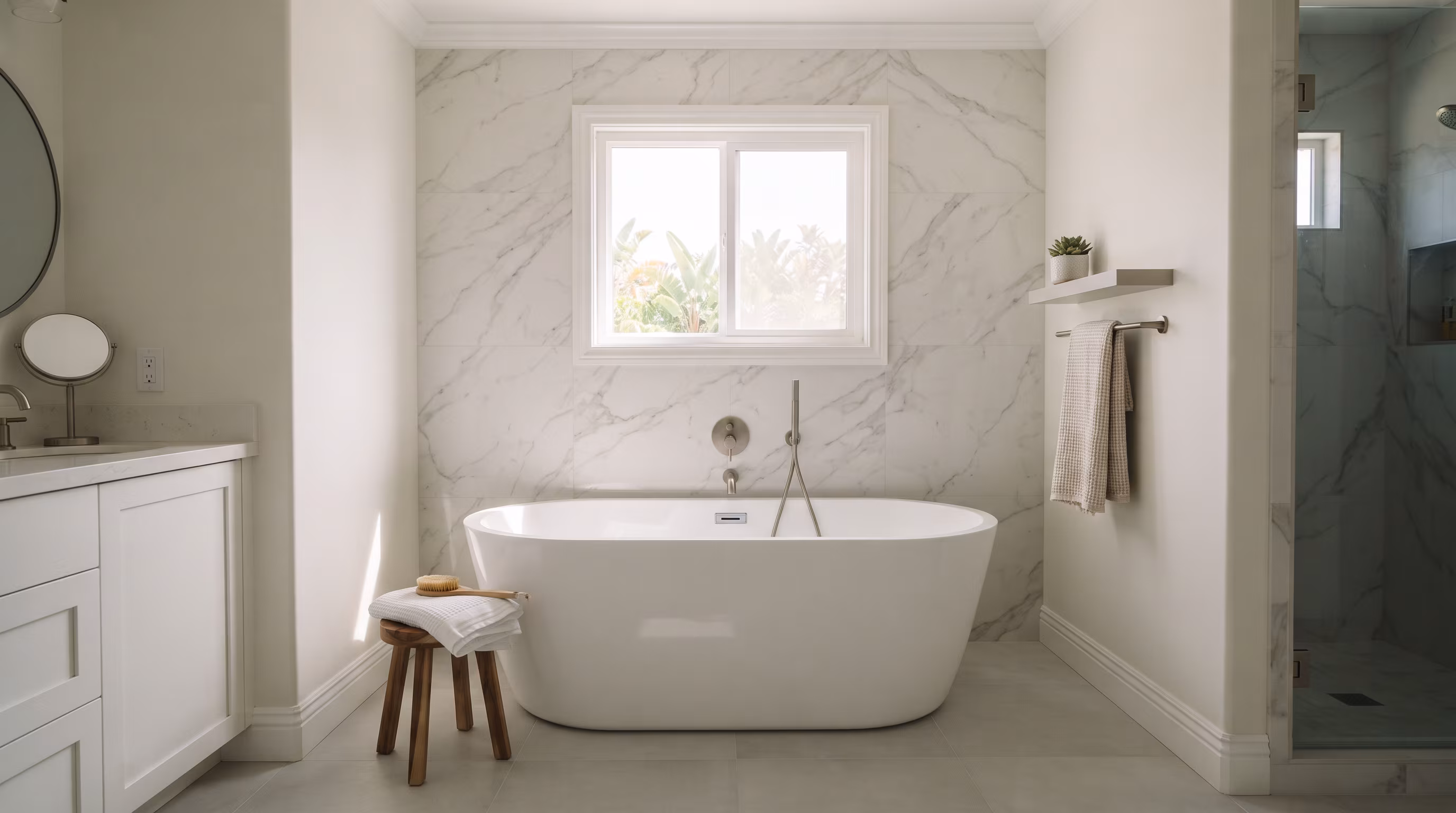 mobility-friendly compact bathroom with curbless shower, grab bar blocking and lever controls