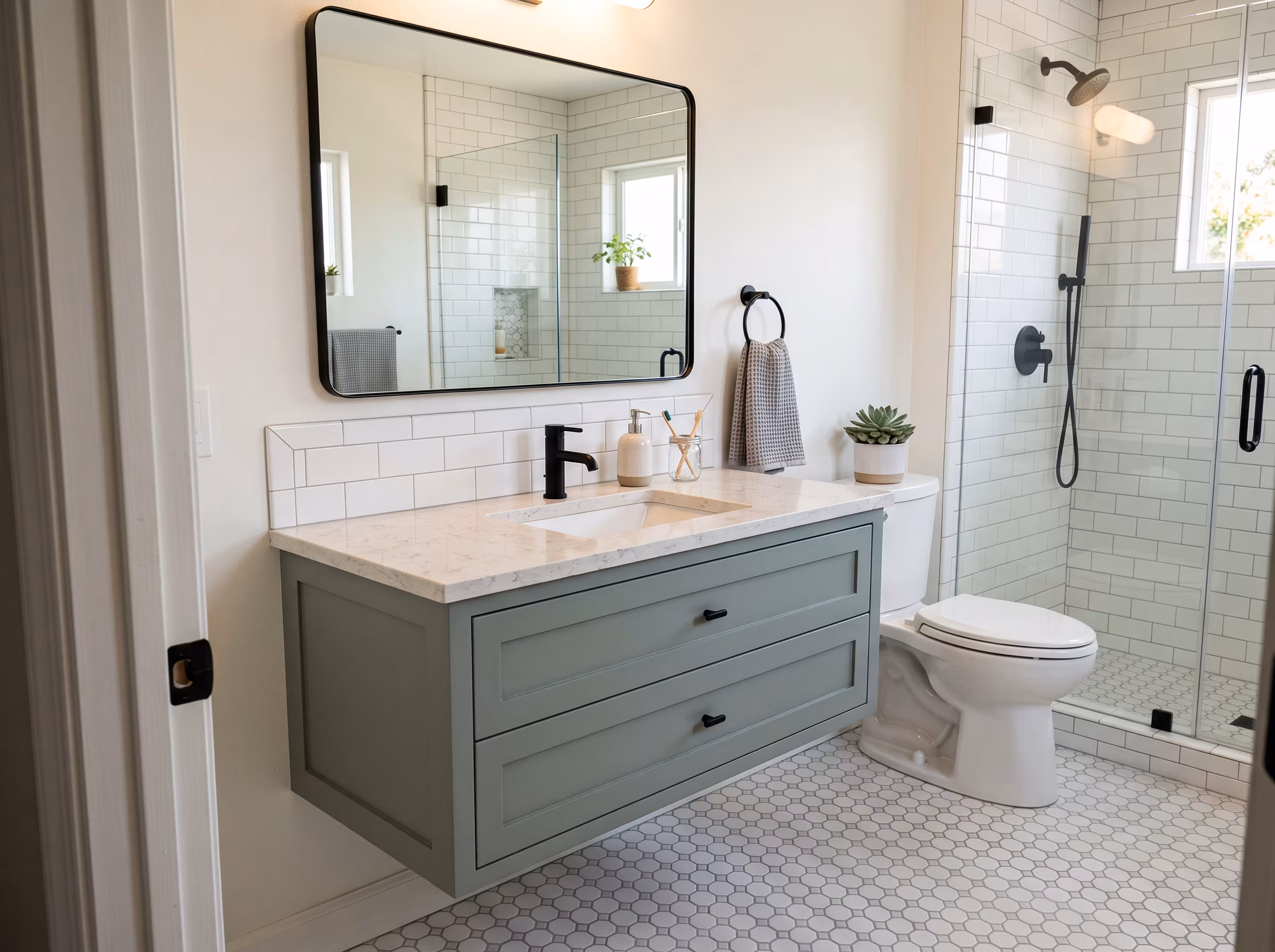 Compact bathroom with an alcove tub and limited clearance at the vanity
