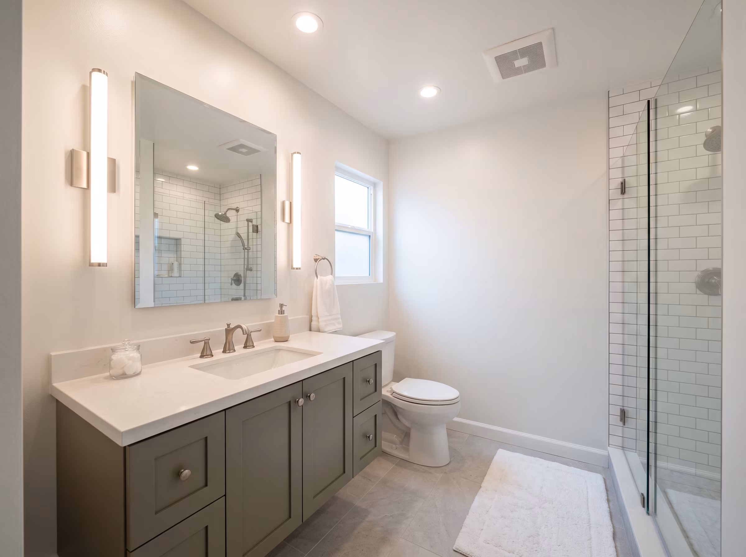 Compact soaking bathtub in a finished residential bathroom