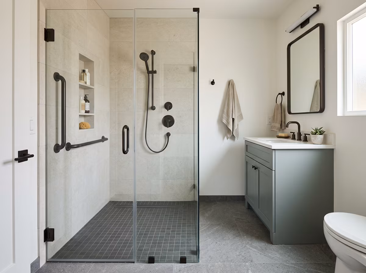 small primary bathroom with walk-in shower, floating vanity and layered lighting