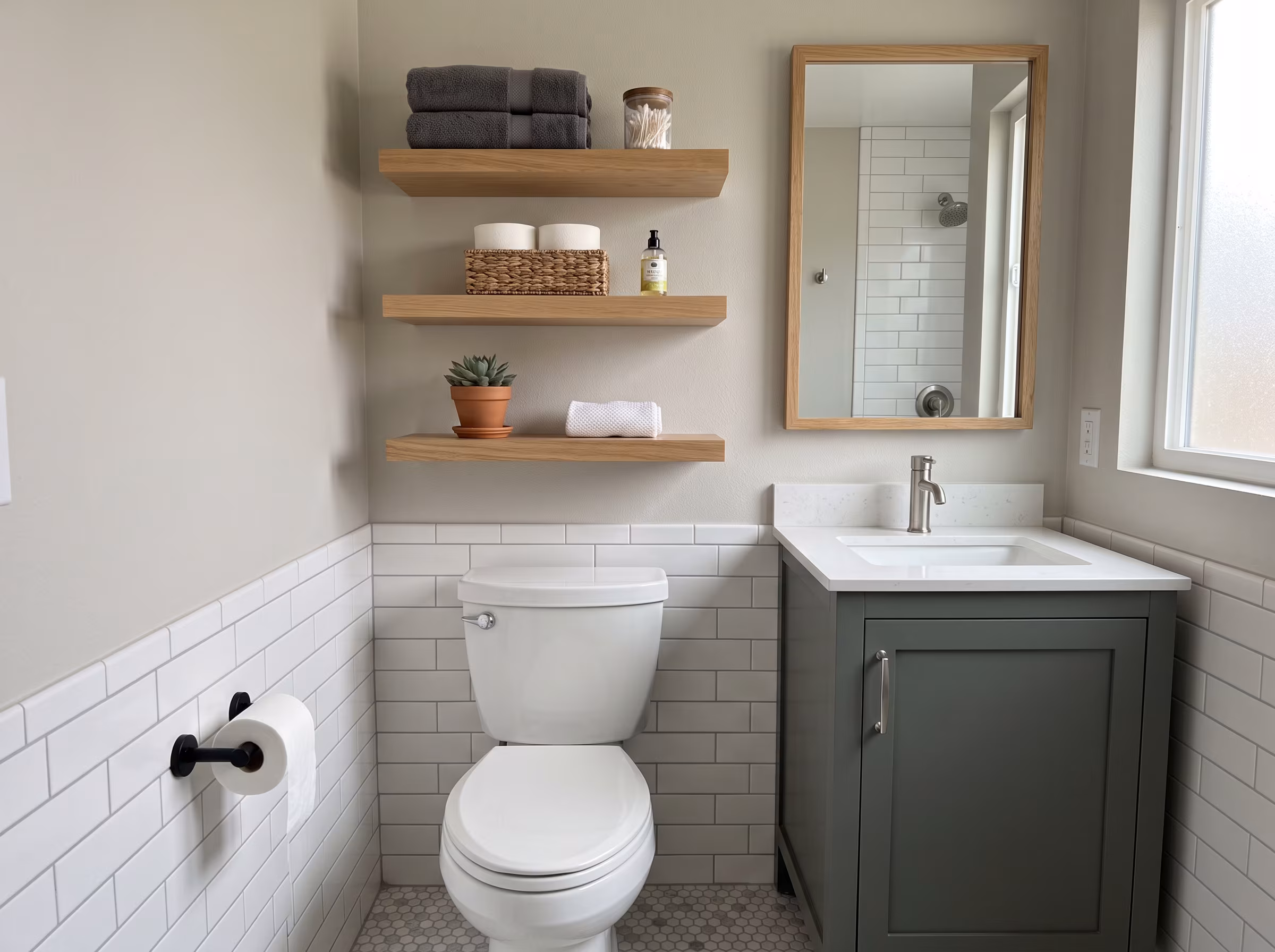 Tiled shower niche and ledge storage in a walk-in shower