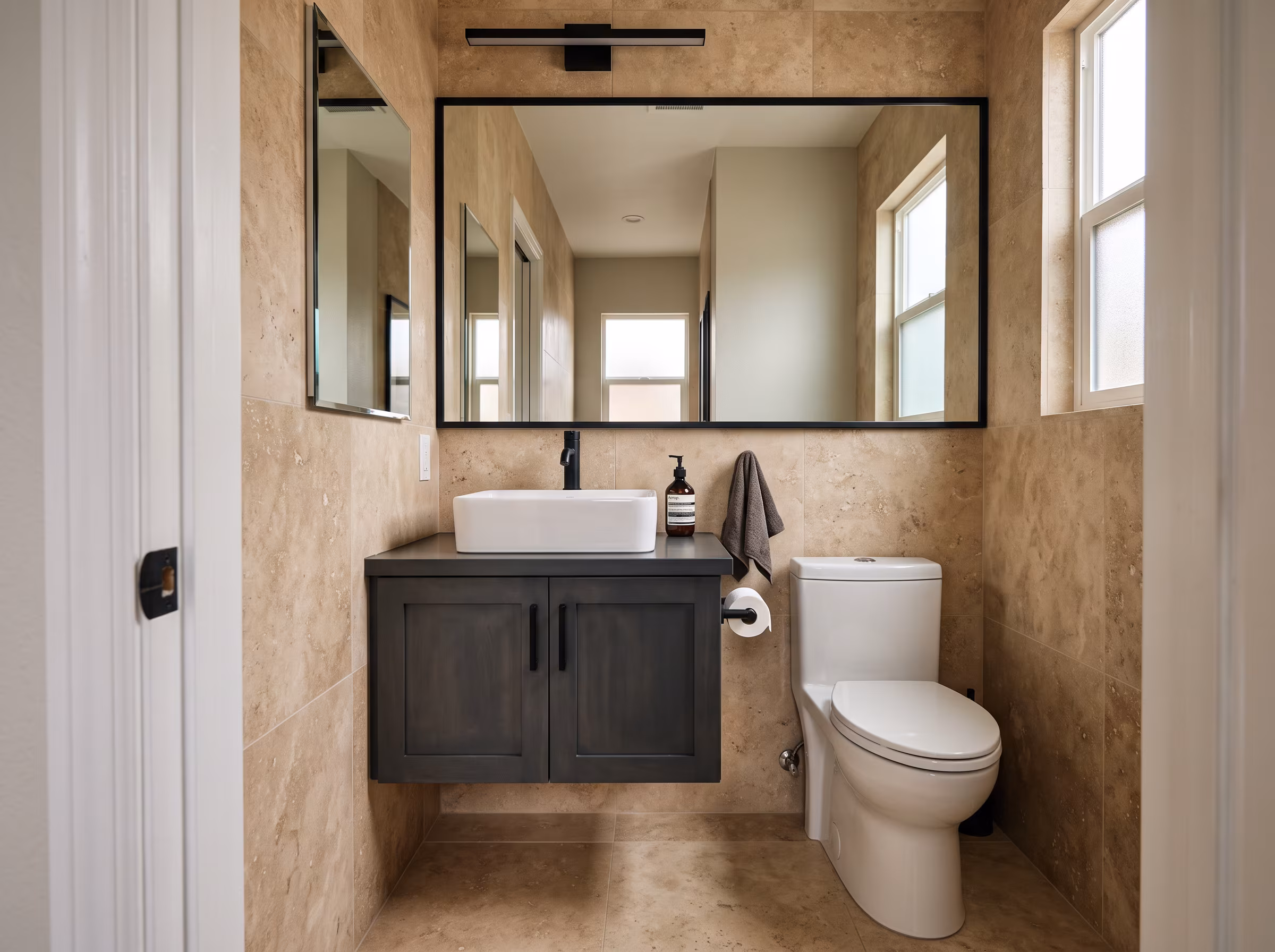 Finished walk-in shower after demolition, waterproofing and installation