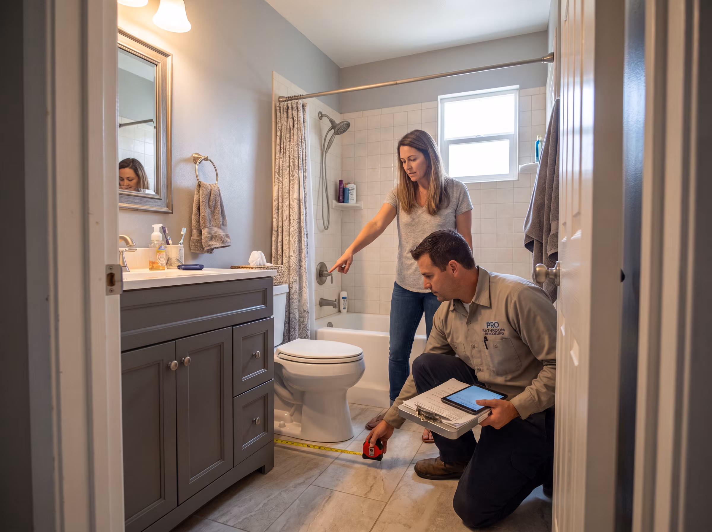 storage-led bathroom layout with recessed medicine cabinet, shower niche and vertical tower cabinet