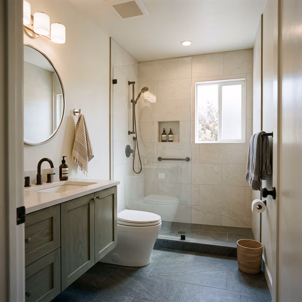 Low-entry shower with grab bar and recessed niche in a compact bathroom