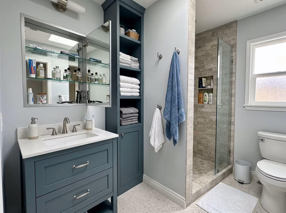 compact hall bathroom with tub shower combo, vertical tile and organized storage