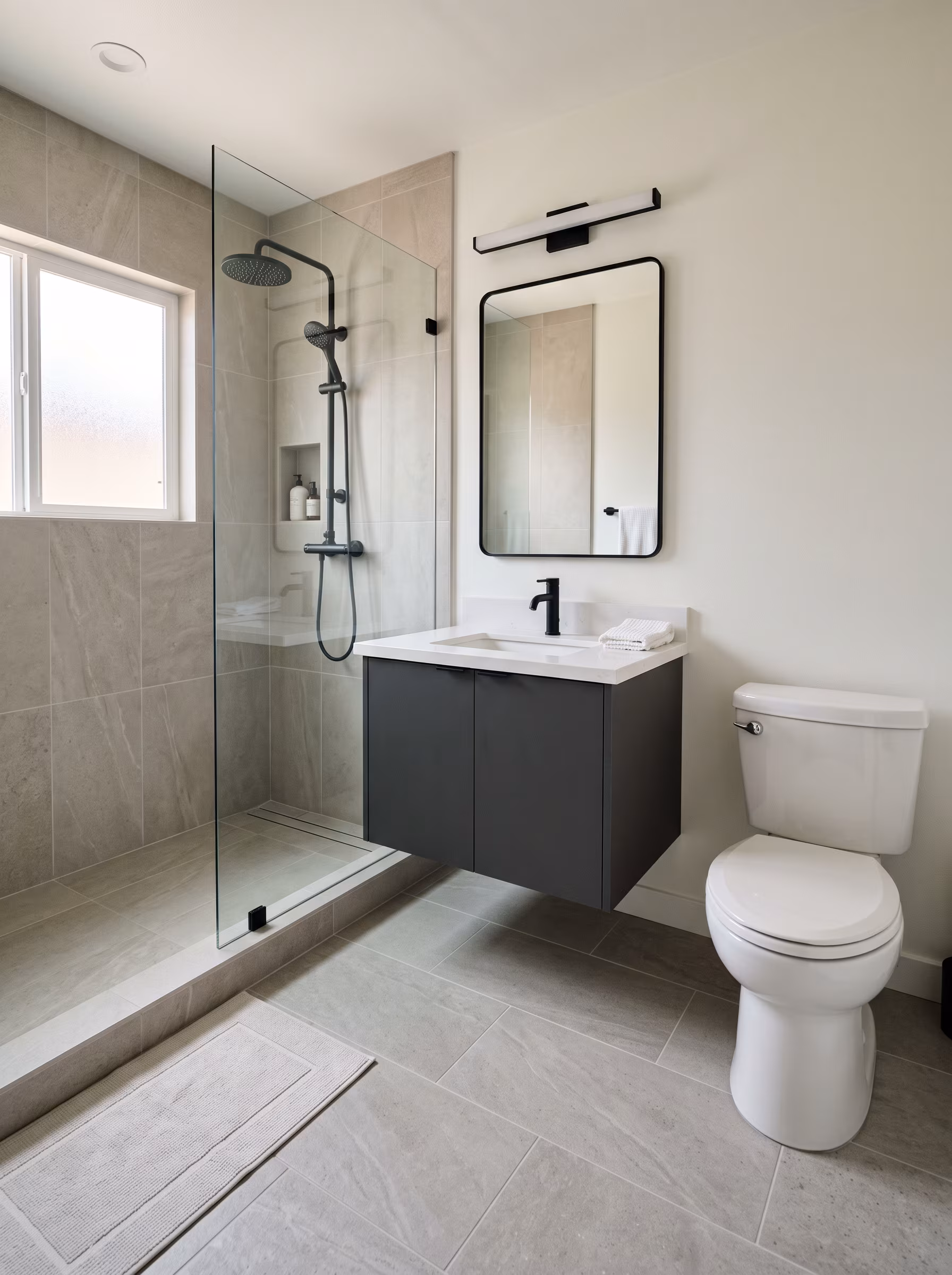 Walk-in glass shower with tiled walls in a compact bathroom