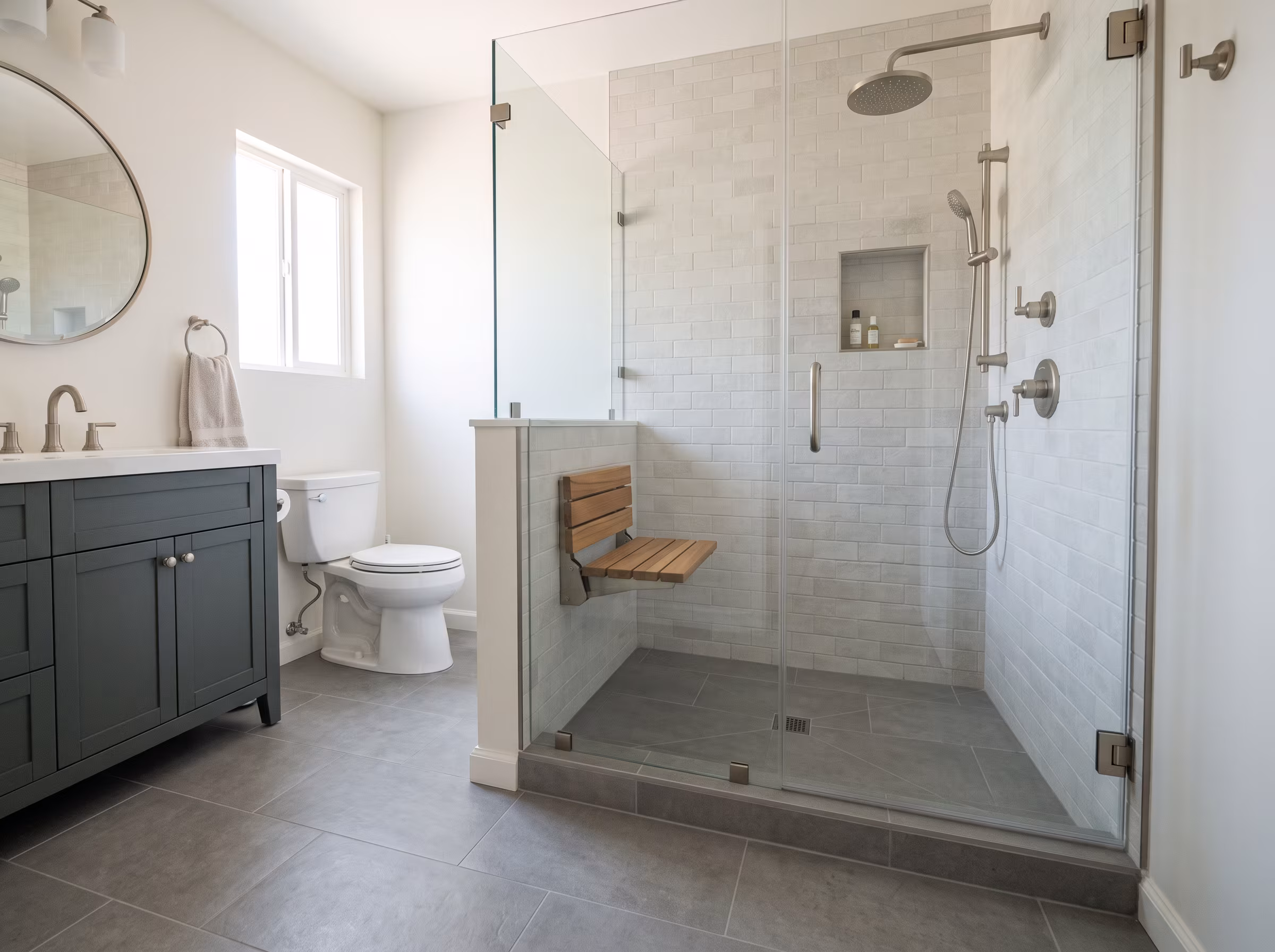 Compact powder room with wall-mounted vanity, recessed medicine cabinet and warm white tile