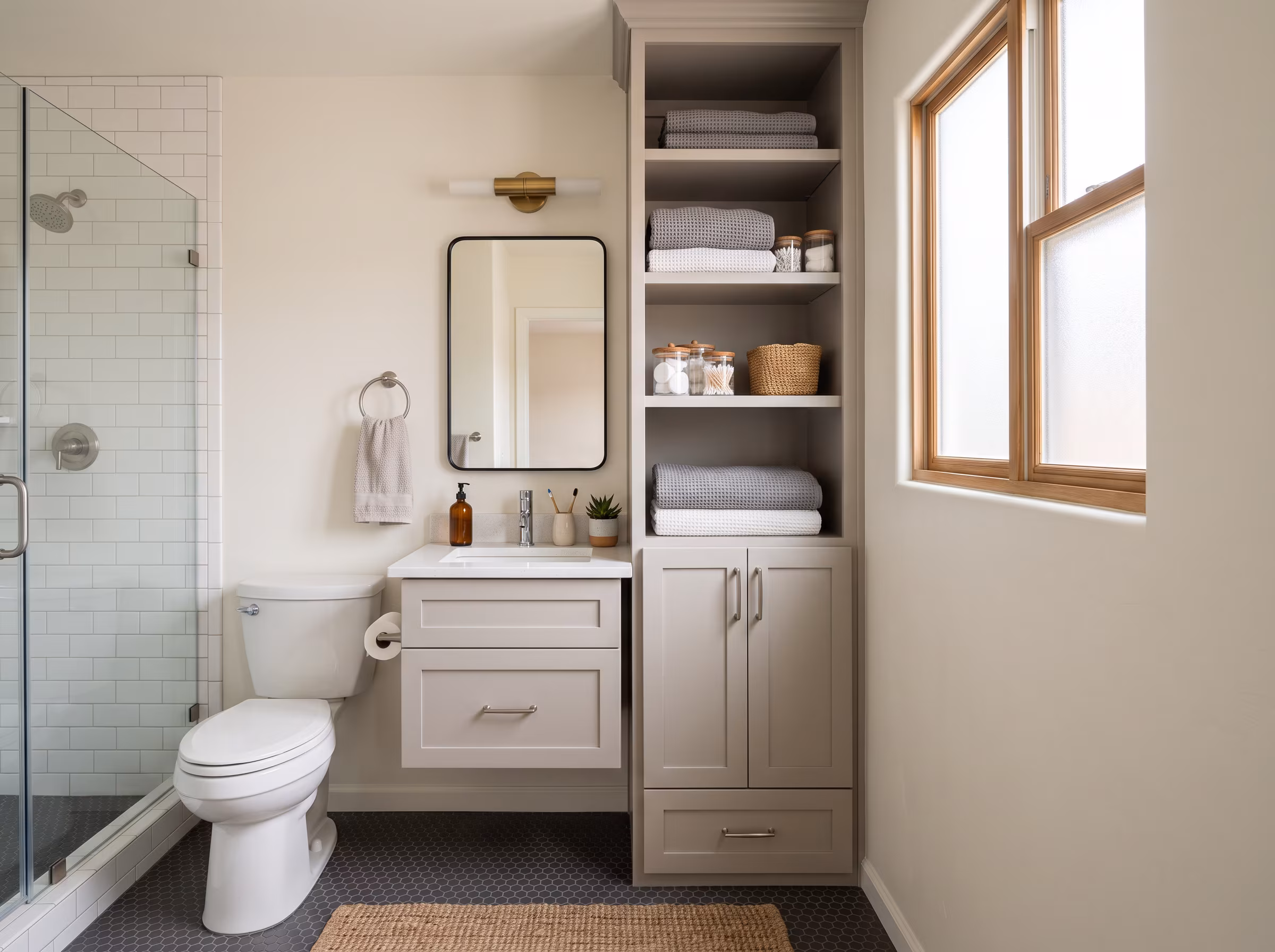 Mirrored cabinet storage above a compact bathroom vanity