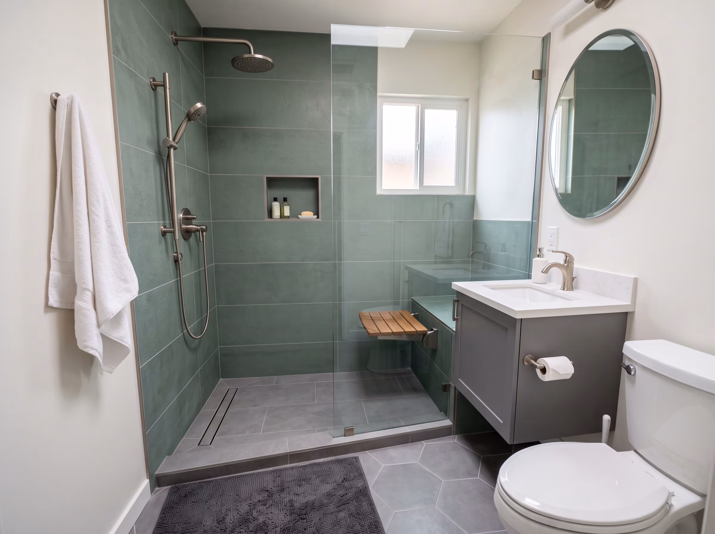 Compact bathroom sink and fixtures with space above for over-toilet storage