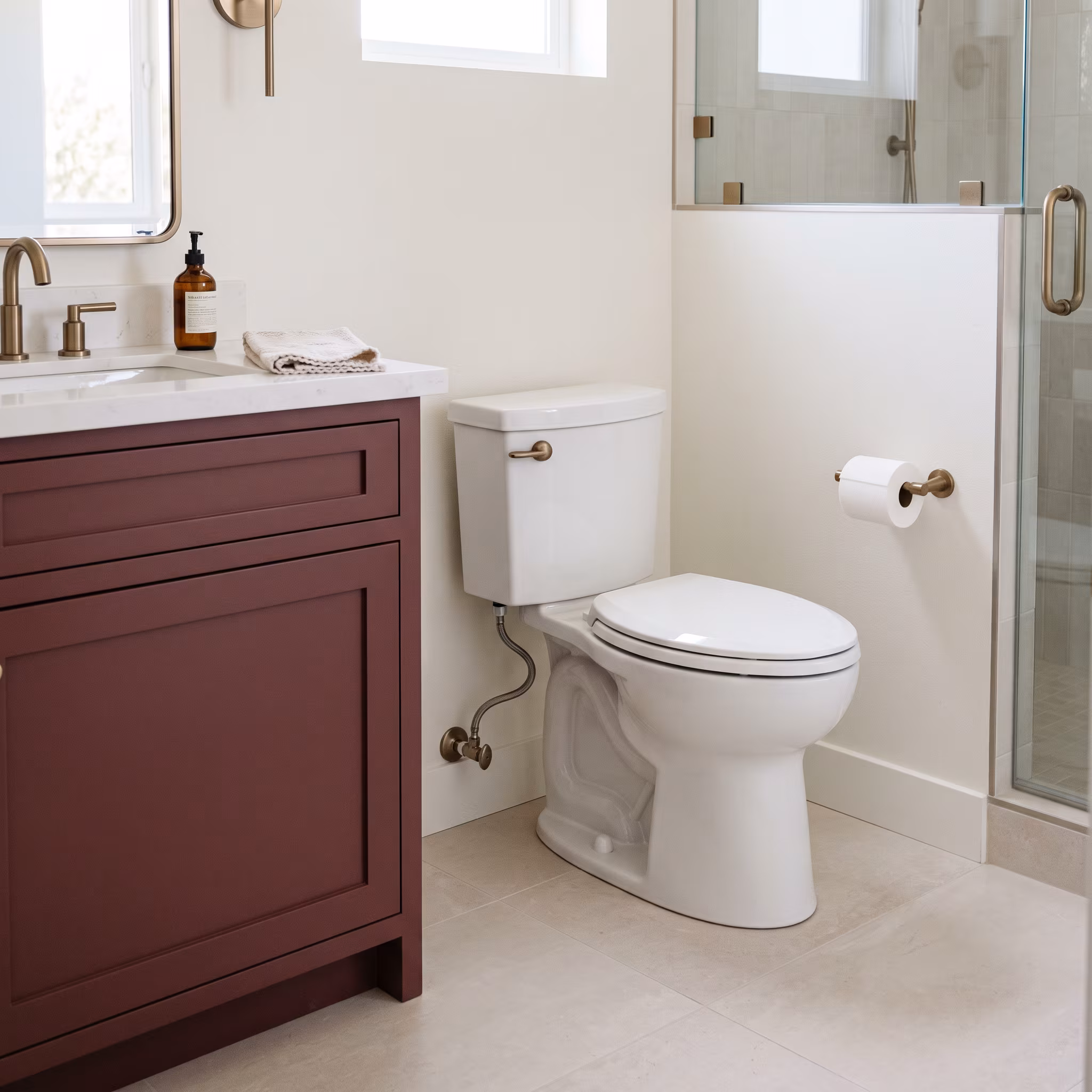 Wall-hung toilet and bidet in a cream bathroom with a soaking tub