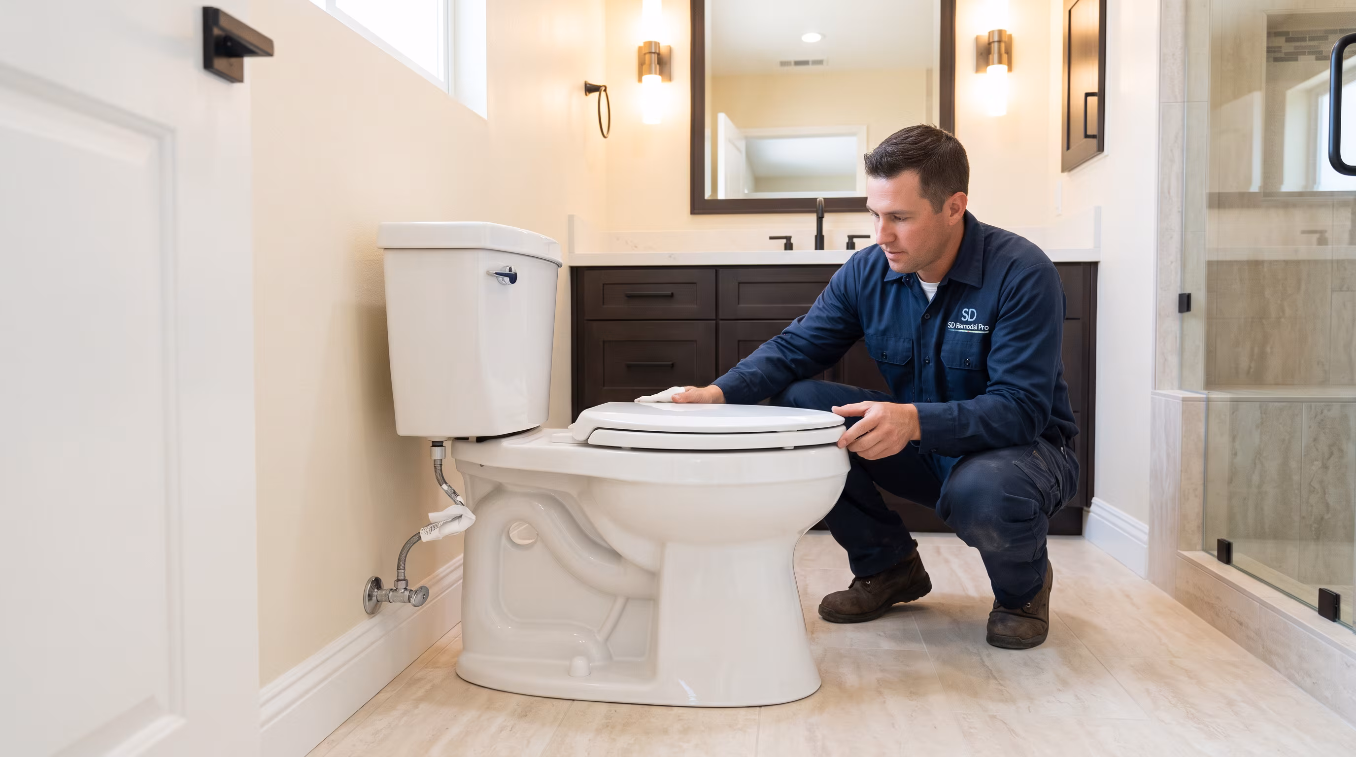 Finished toilet installation after final leak check, seat confirmation and cleanup