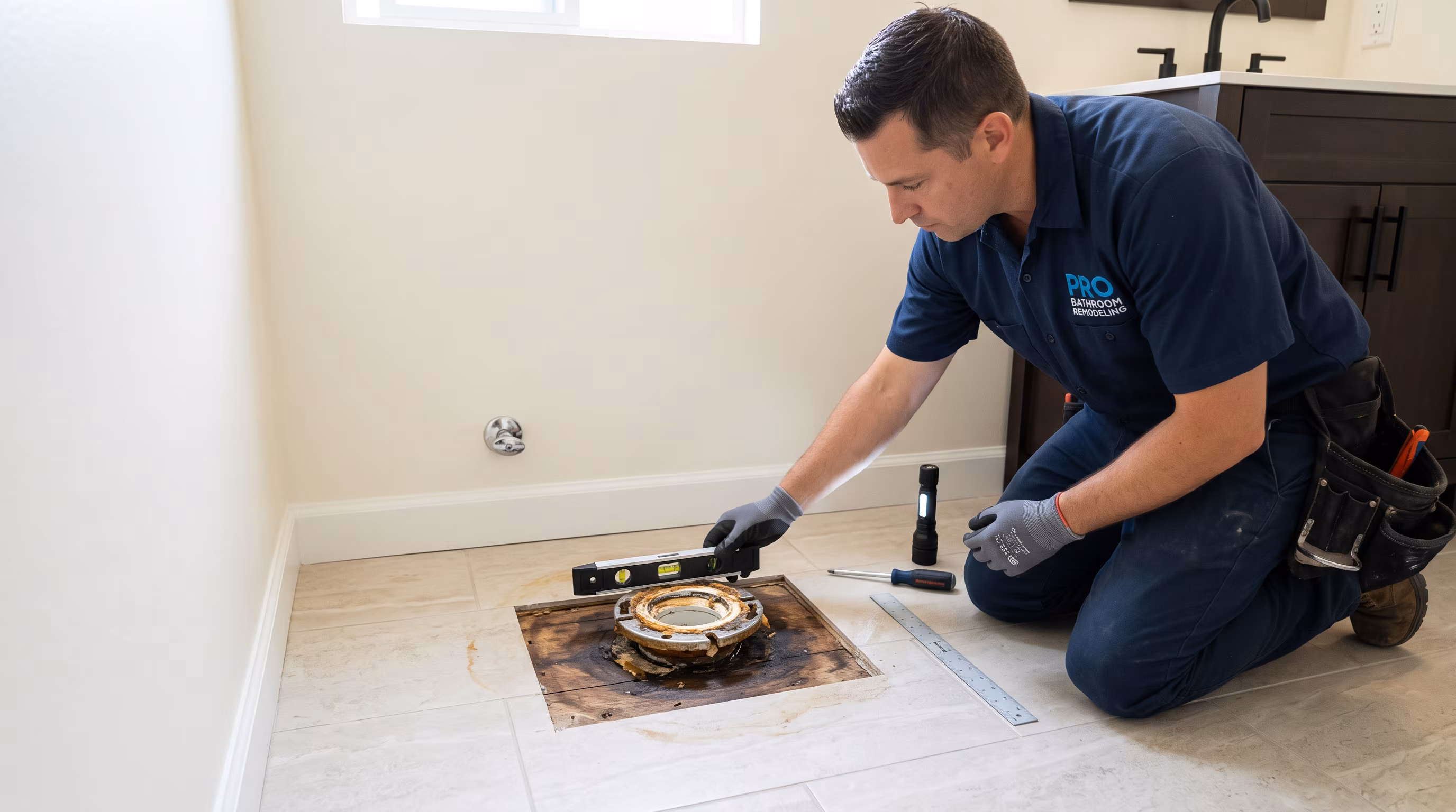 Toilet floor area after removal, showing the drain location used for flange and subfloor assessment