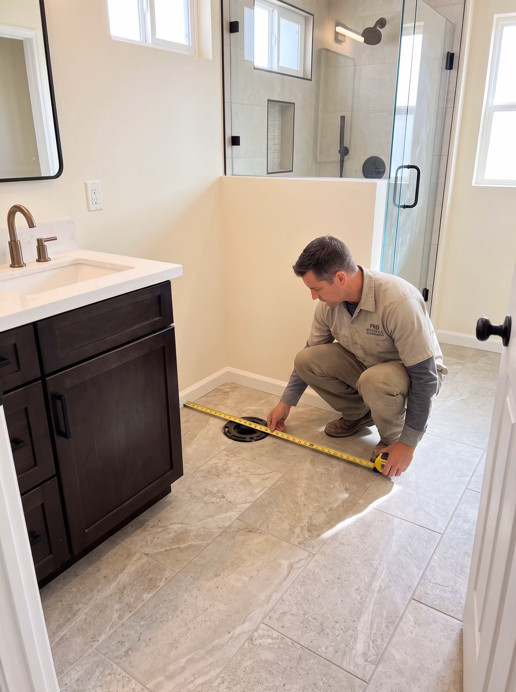 Toilet alcove with side wall clearance, front floor space and a wall-mounted flush plate