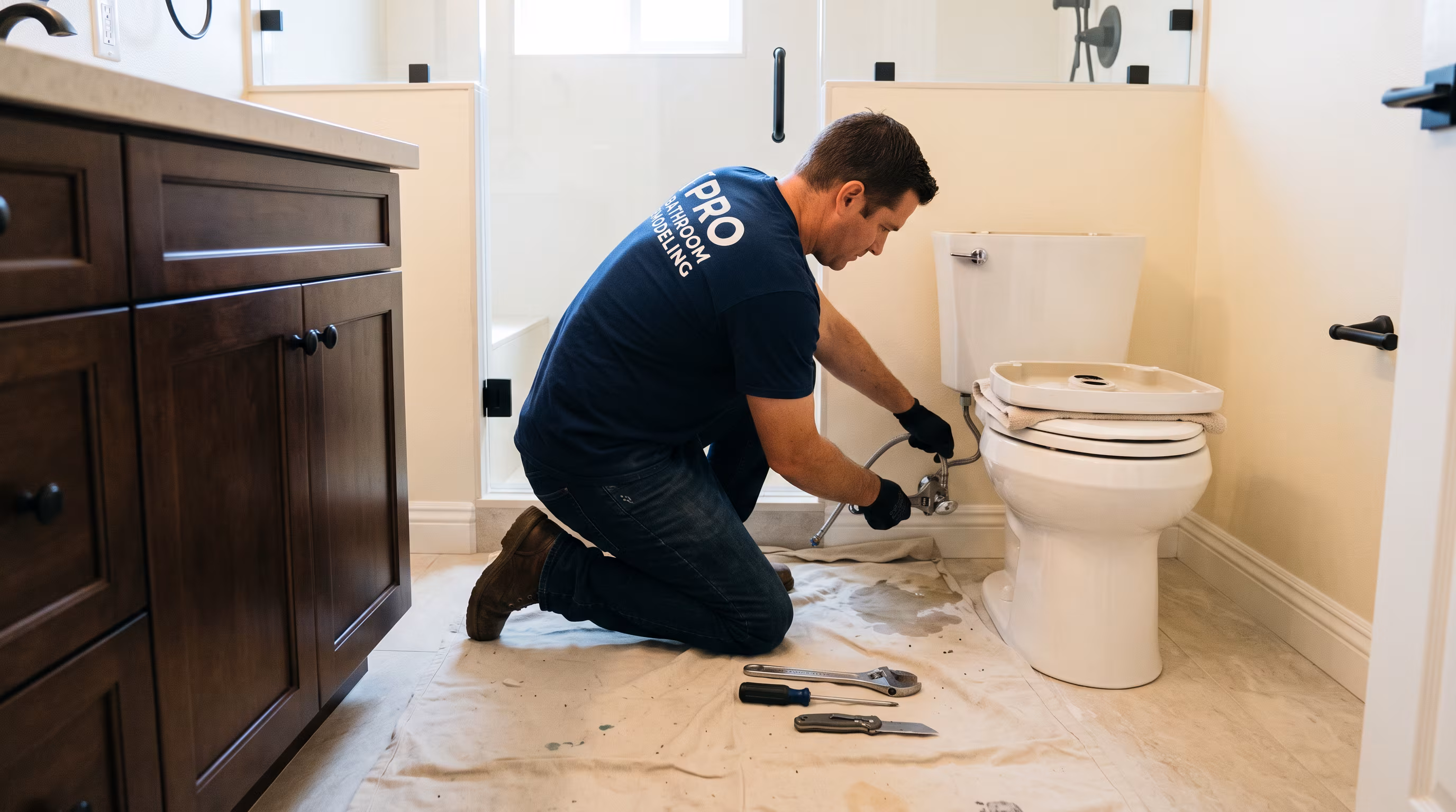 Existing bathroom toilet ready for shutoff, disconnection and removal