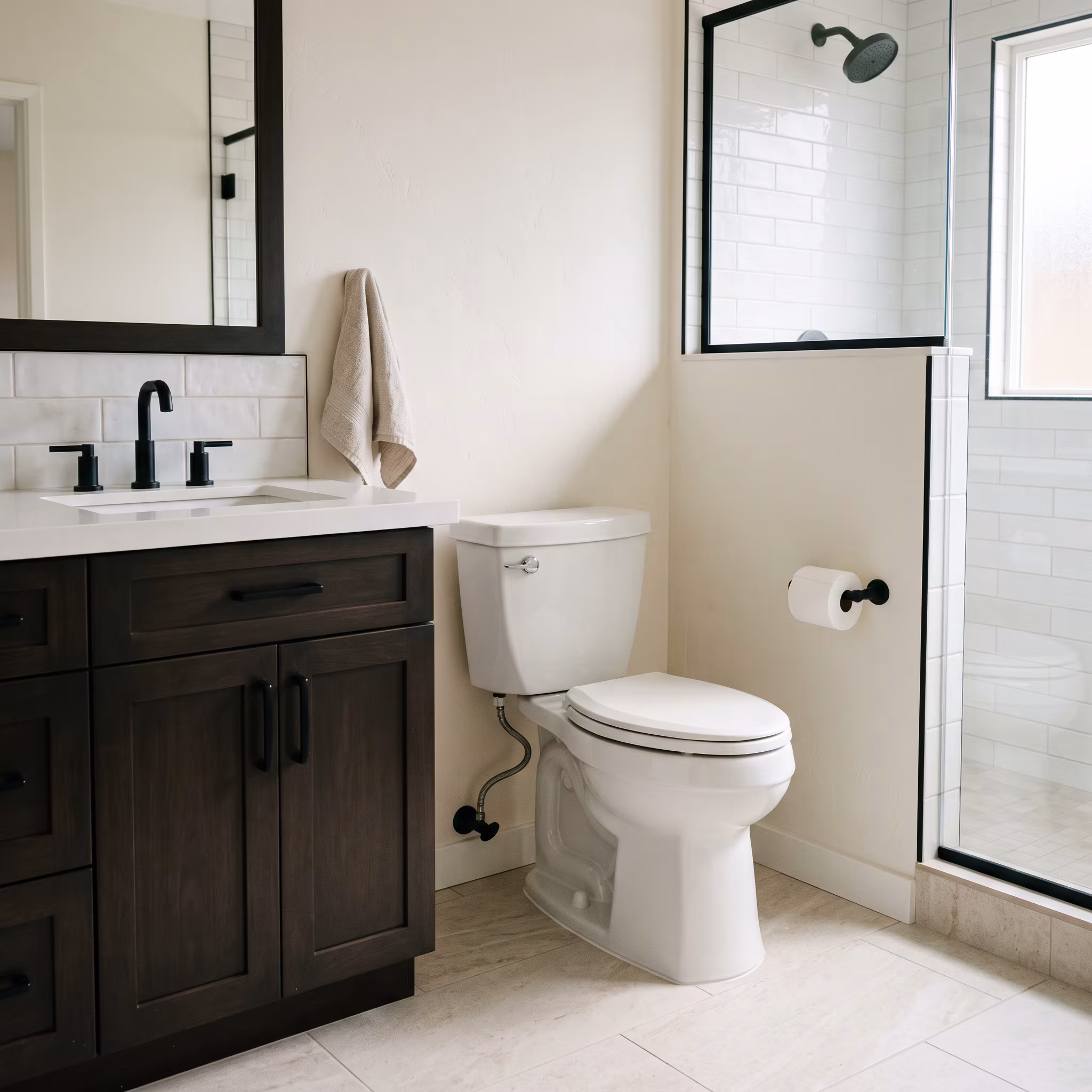 White toilet beside a floating vanity in a beige tiled bathroom