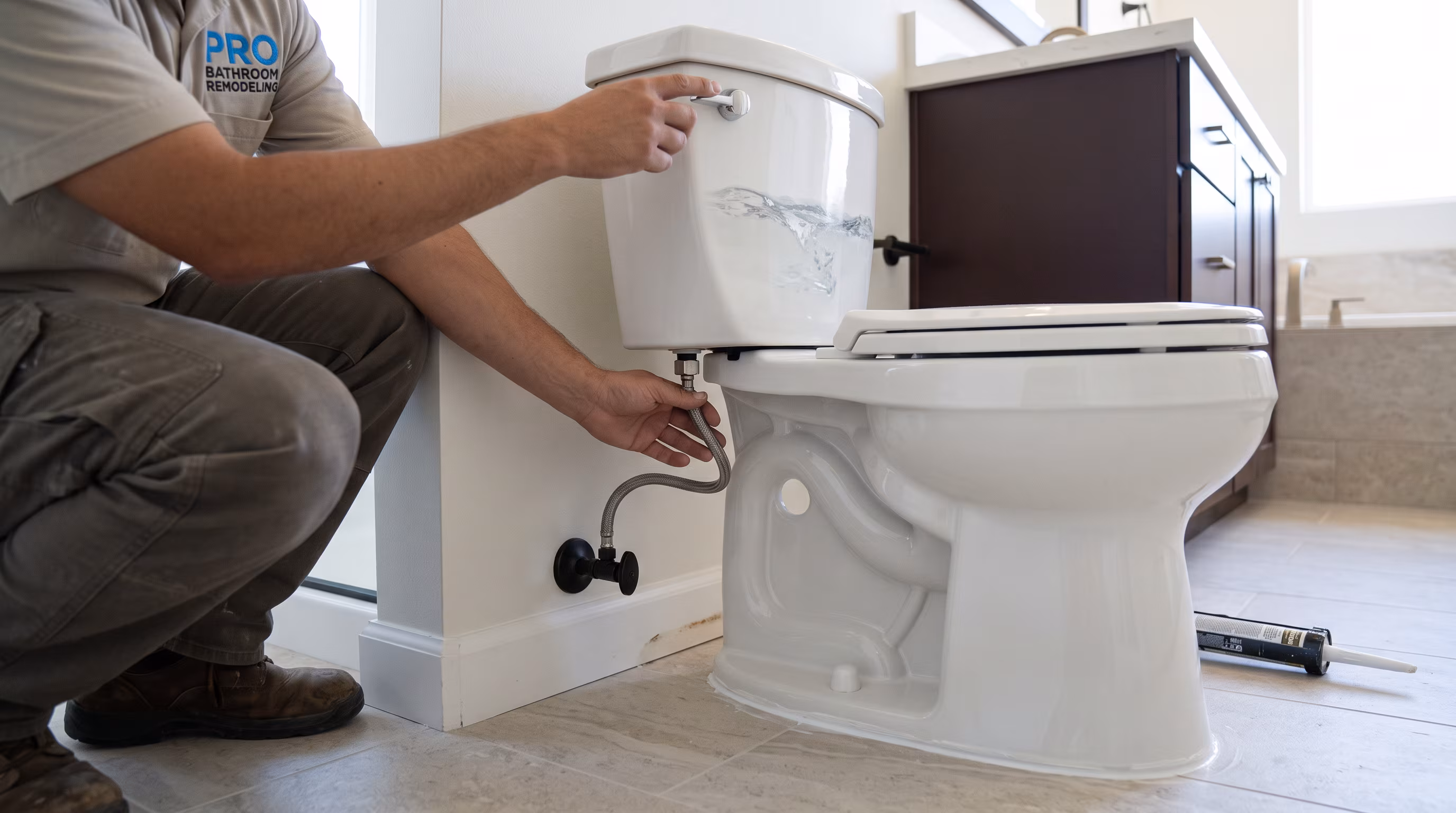 Installed toilet with supply connection and flush plate ready for testing
