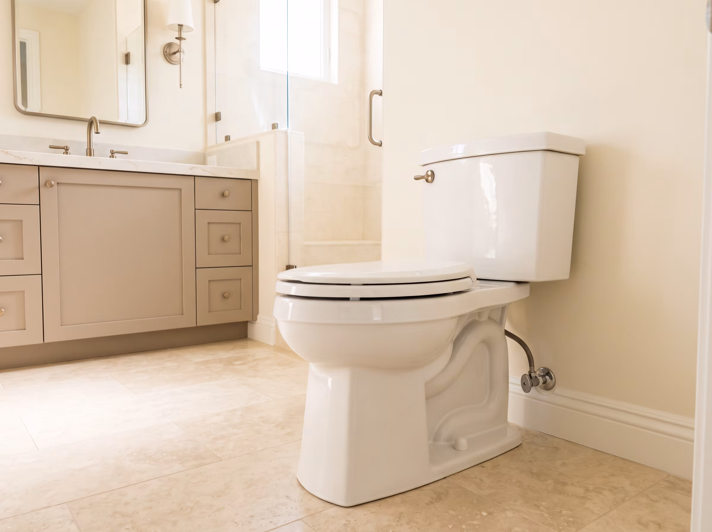 White wall-mounted toilet in a marble bathroom with an arched niche