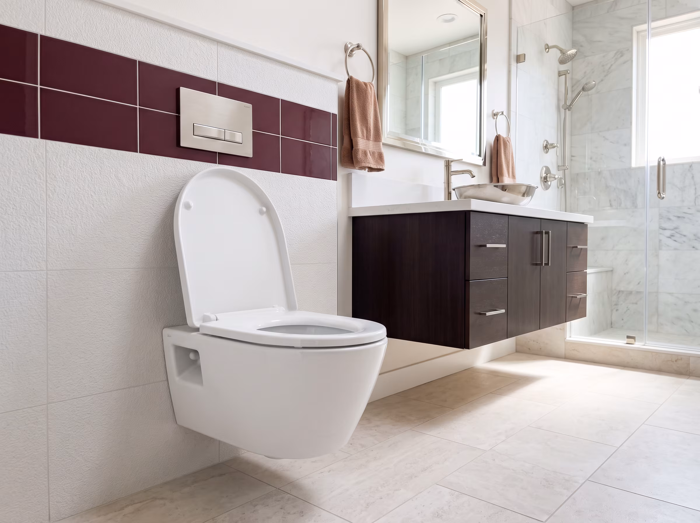Wall-hung toilet with an in-wall flush plate beside a glass shower stall
