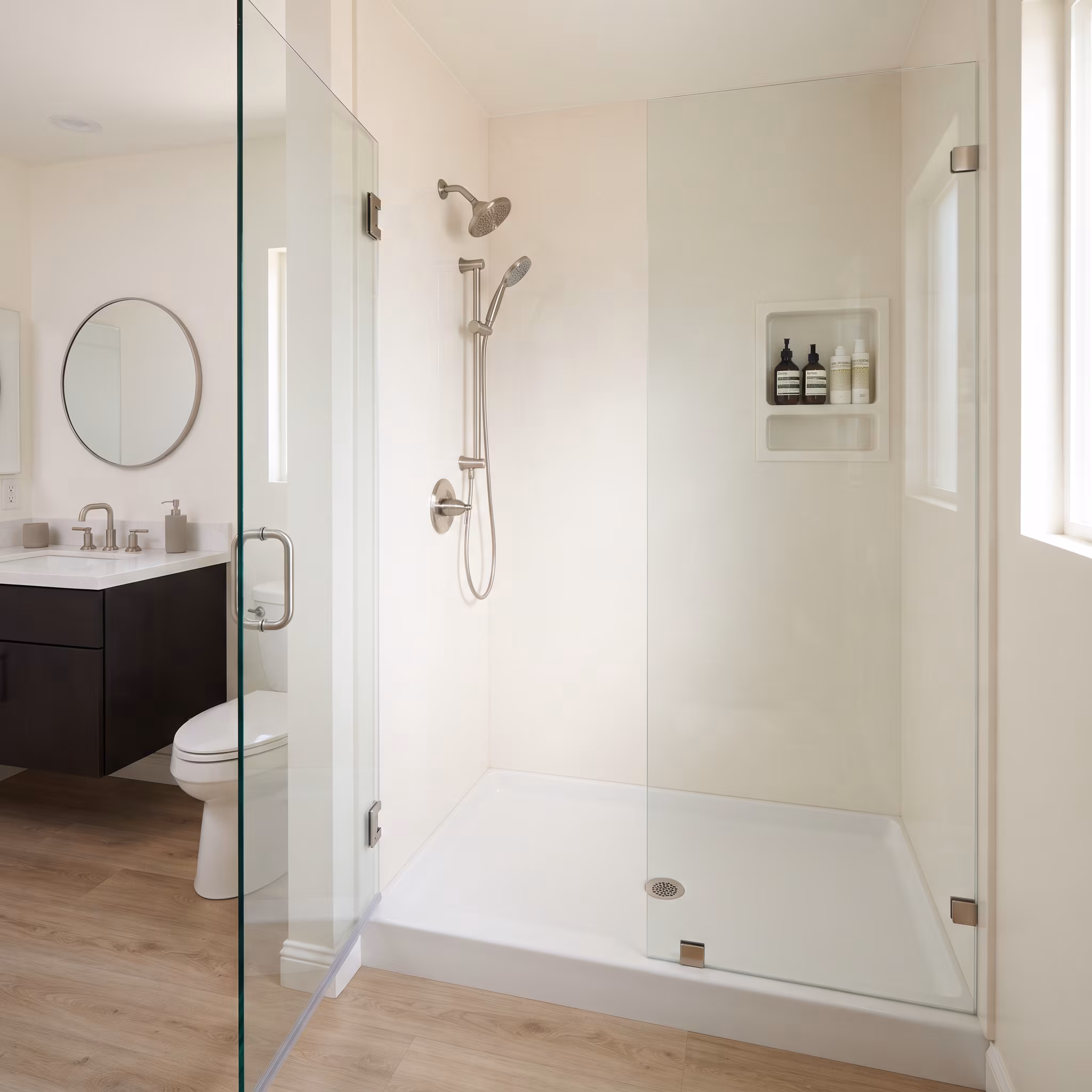 Low-profile acrylic shower pan and panel walls