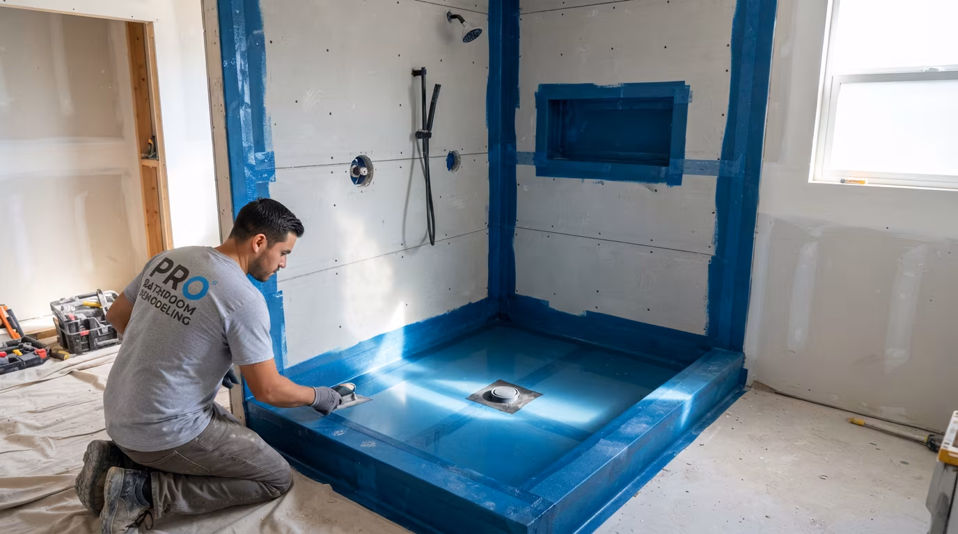 Tiled shower wall after waterproofing and backer