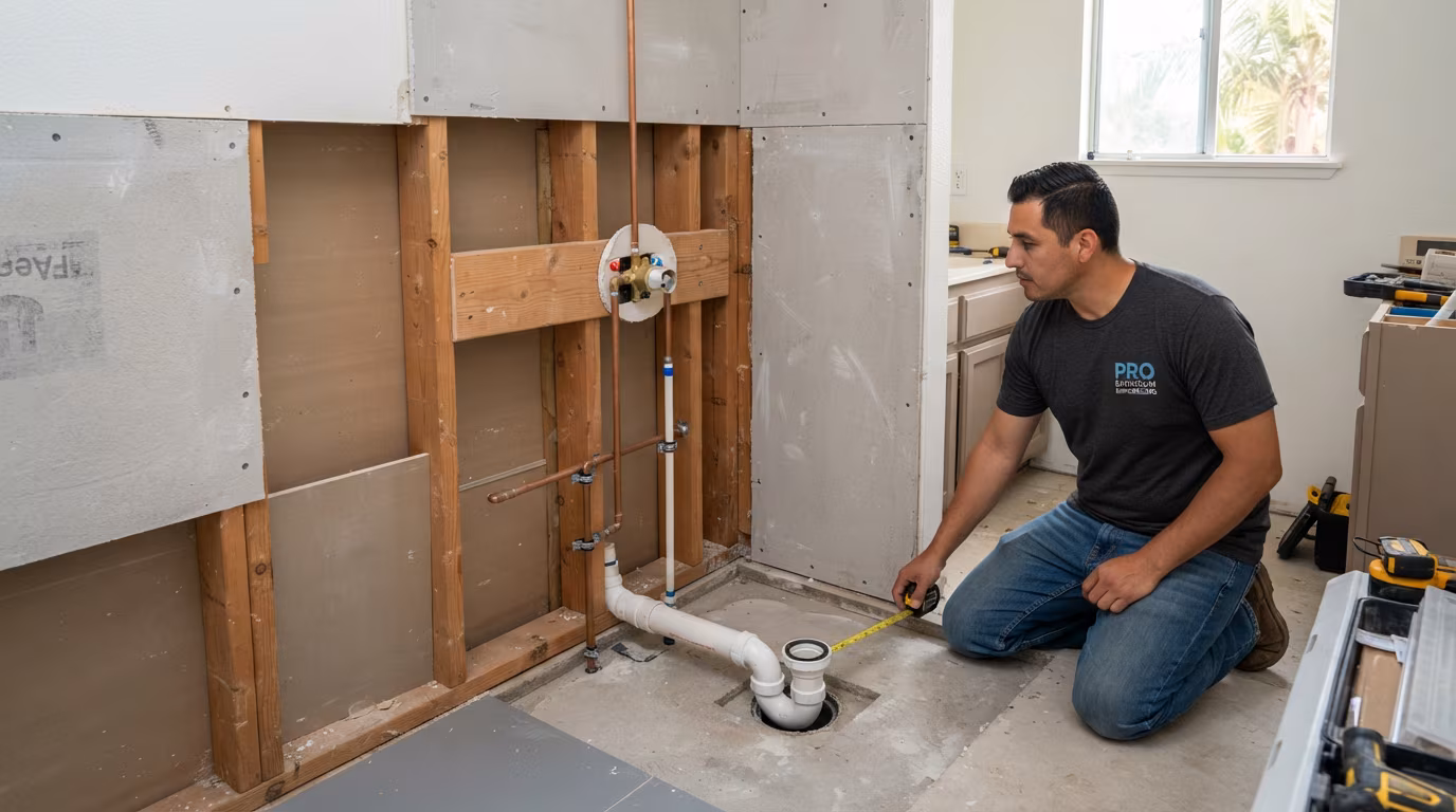 Bathroom plumbing and valve area during conversion