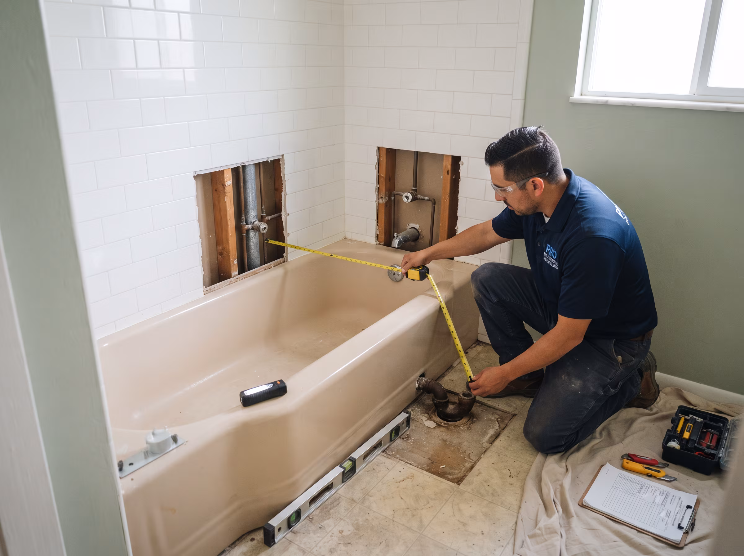 Alcove bathtub that may need further assessment before conversion